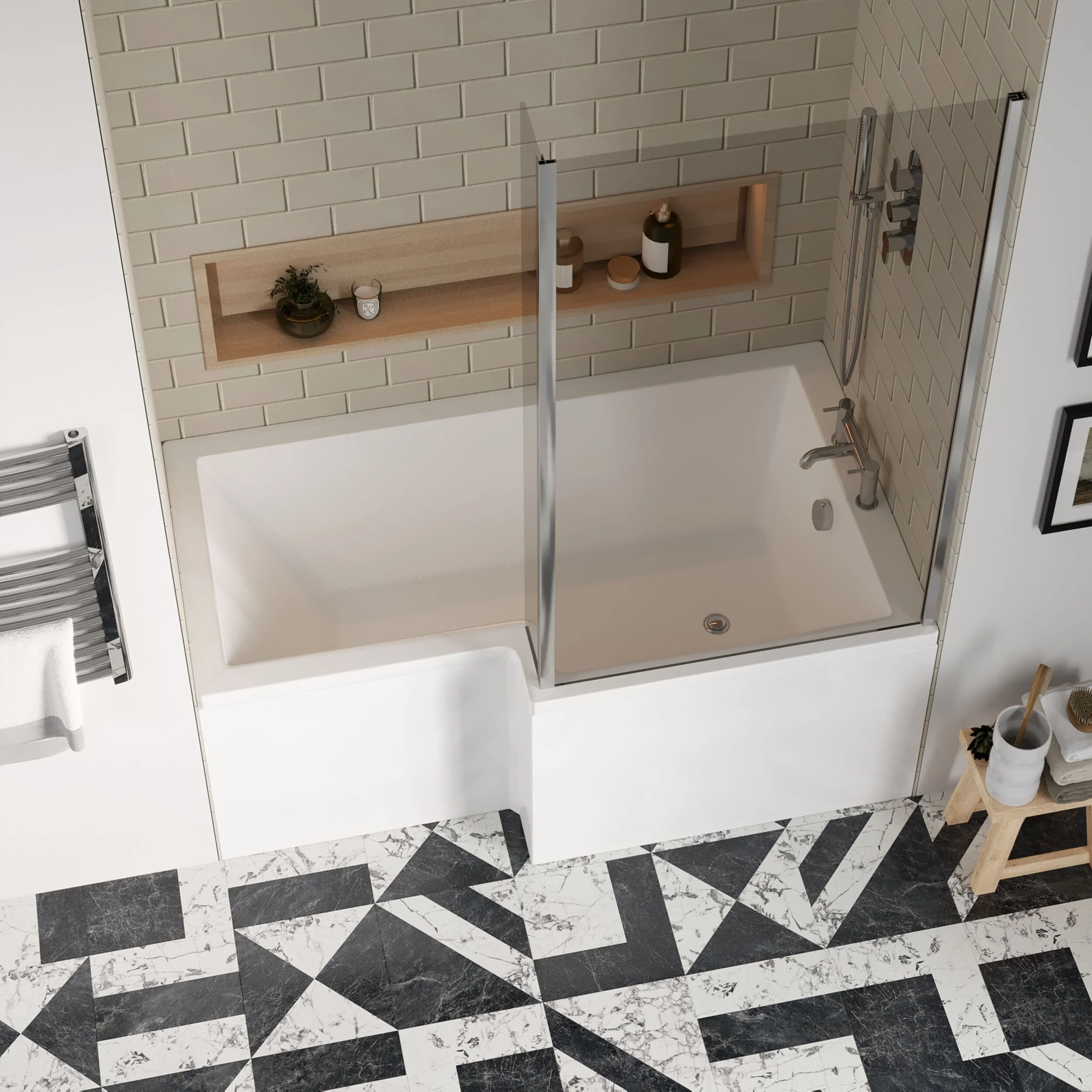 Balterley 1500 mm Right Hand L Shape Shower Bath Bundle & Tub, Curved 6 mm Safety Glass Screen & Matching Front Panel, Gloss White - Image 3