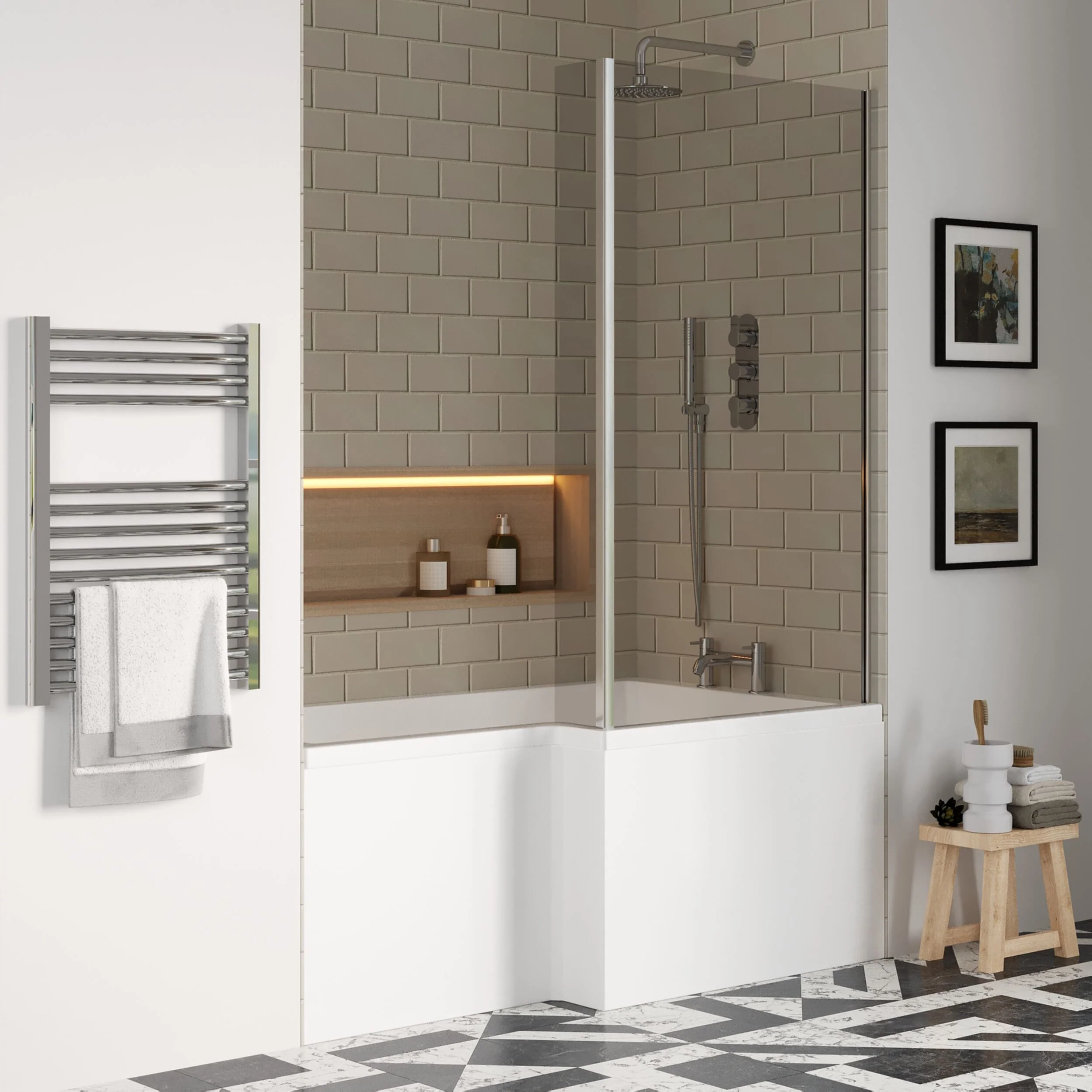 Balterley 1500 mm Right Hand L Shape Shower Bath Bundle & Tub, Curved 6 mm Safety Glass Screen & Matching Front Panel, Gloss White - Image 4