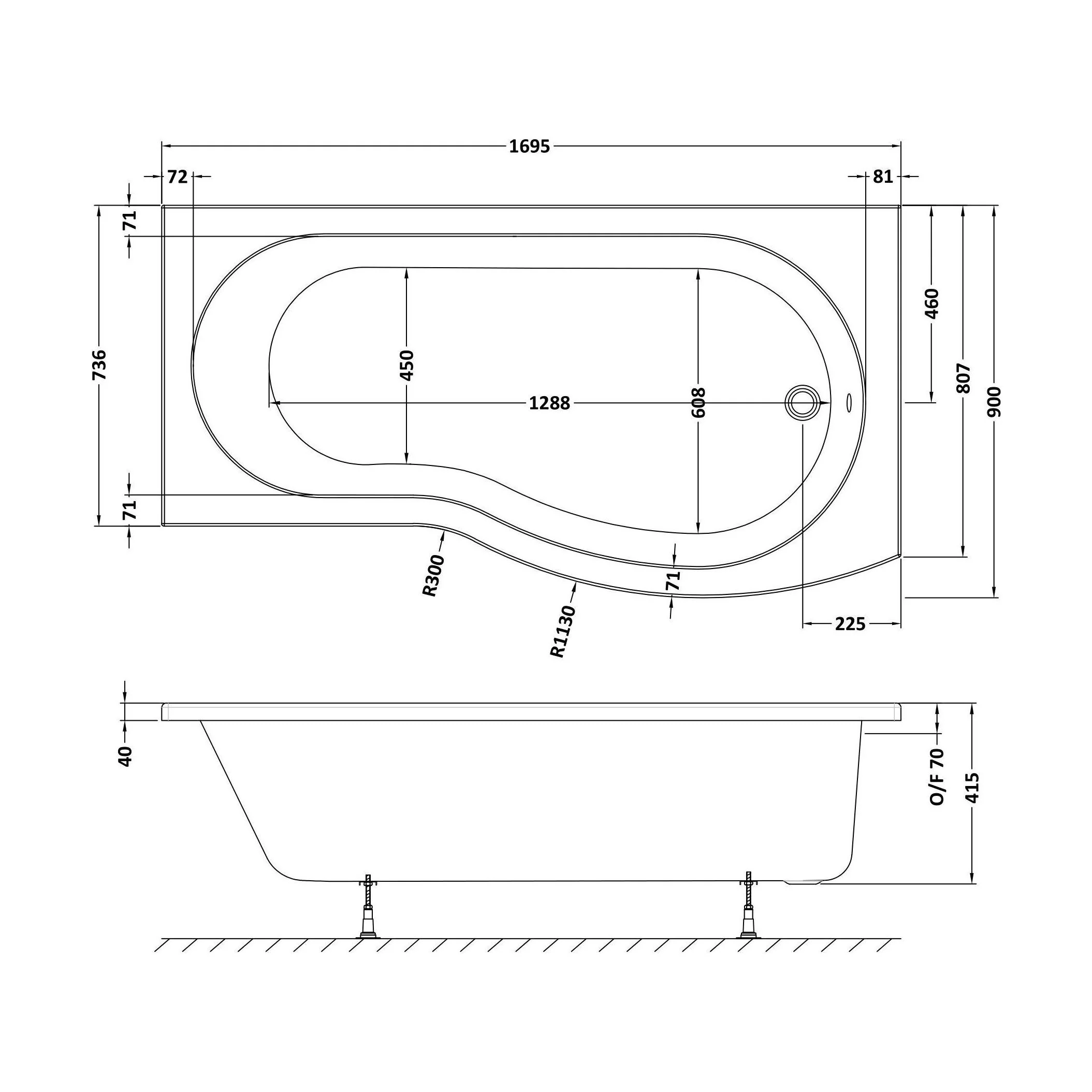 Balterley Modern B Shape Right Hand Shower Bath Tub with Leg Set, 1500mm - White - Image 8