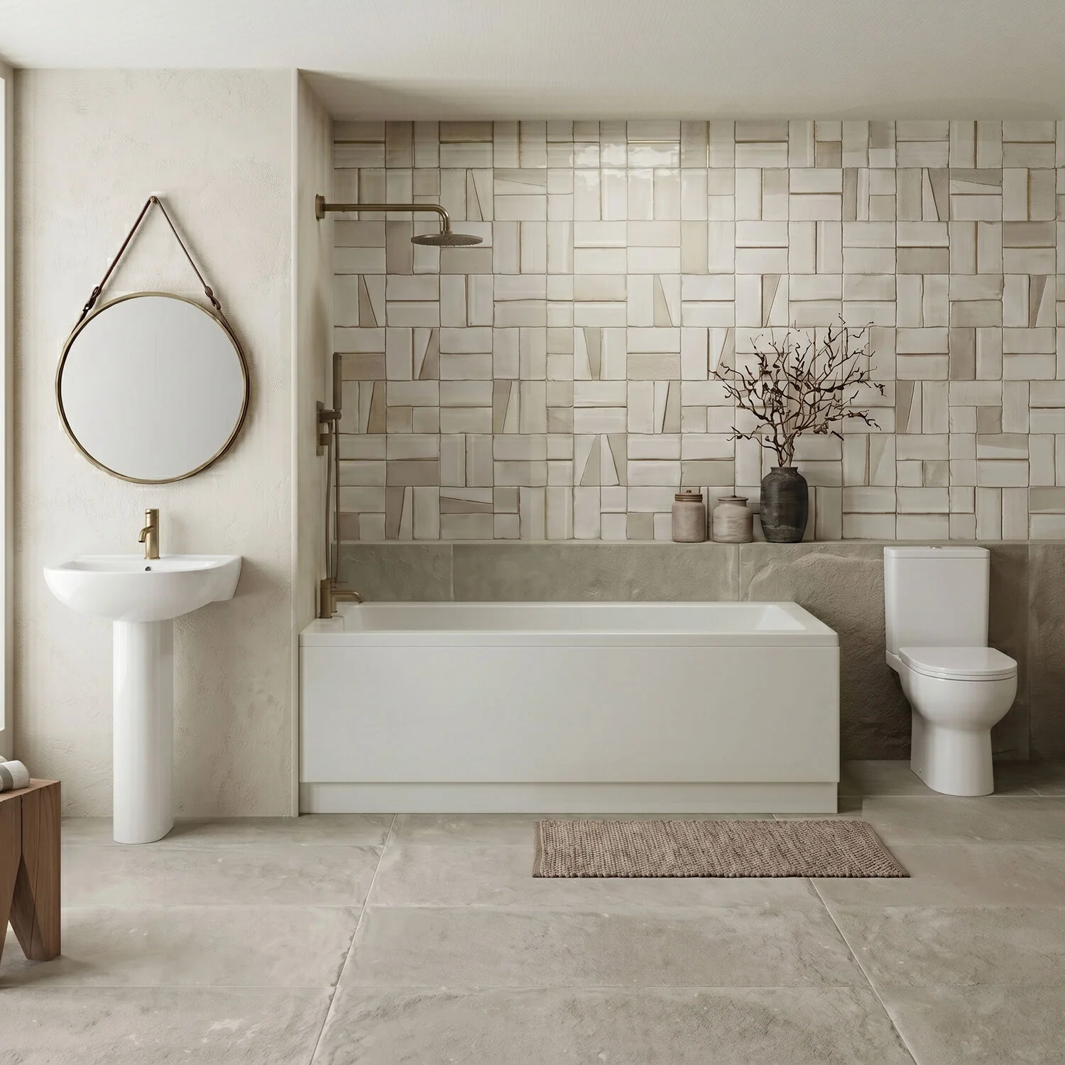 1700mm Bathroom Suite with Square Single Ended Bath Tub, Front Panel, 1 Tap Hole Basin and Pedestal - Toilet and Seat, Gloss White