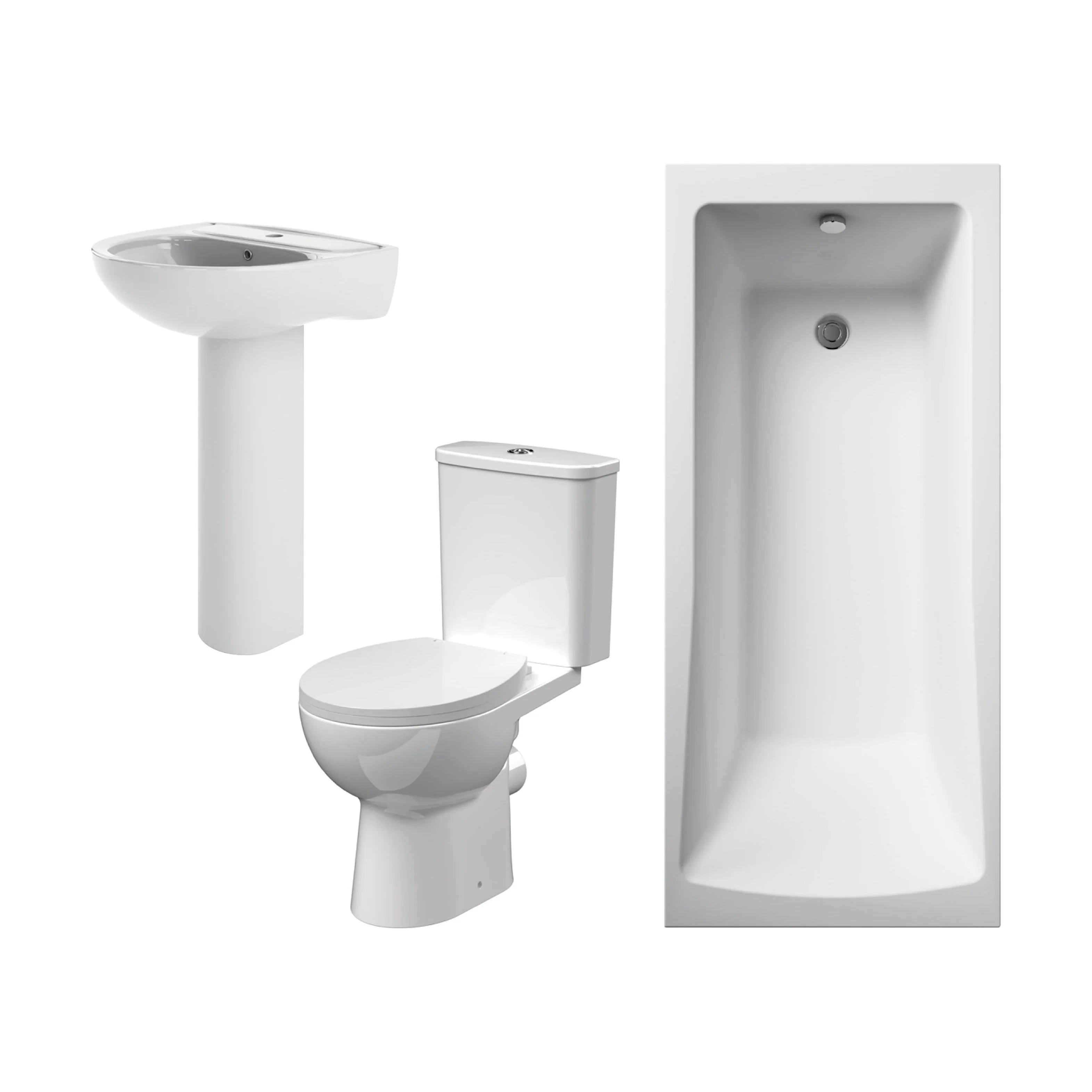 1700mm Bathroom Suite with Square Single Ended Bath Tub, Front Panel, 1 Tap Hole Basin and Pedestal - Toilet and Seat, Gloss White - Image 2