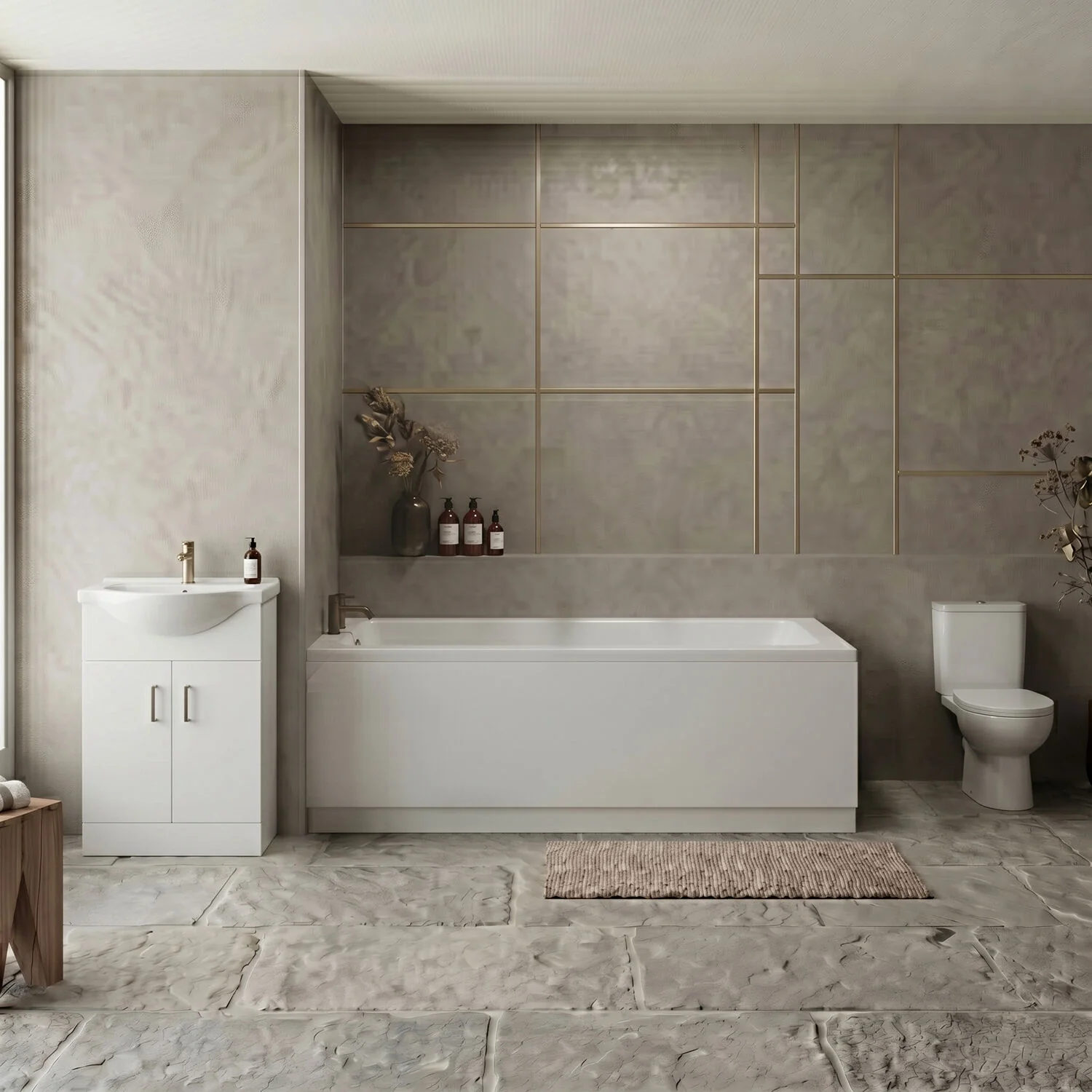 1700mm Bathroom Suite with Square Single Ended Bath Tub, Front Panel, 550mm Vanity Basin Unit and Toilet and Seat - Gloss White