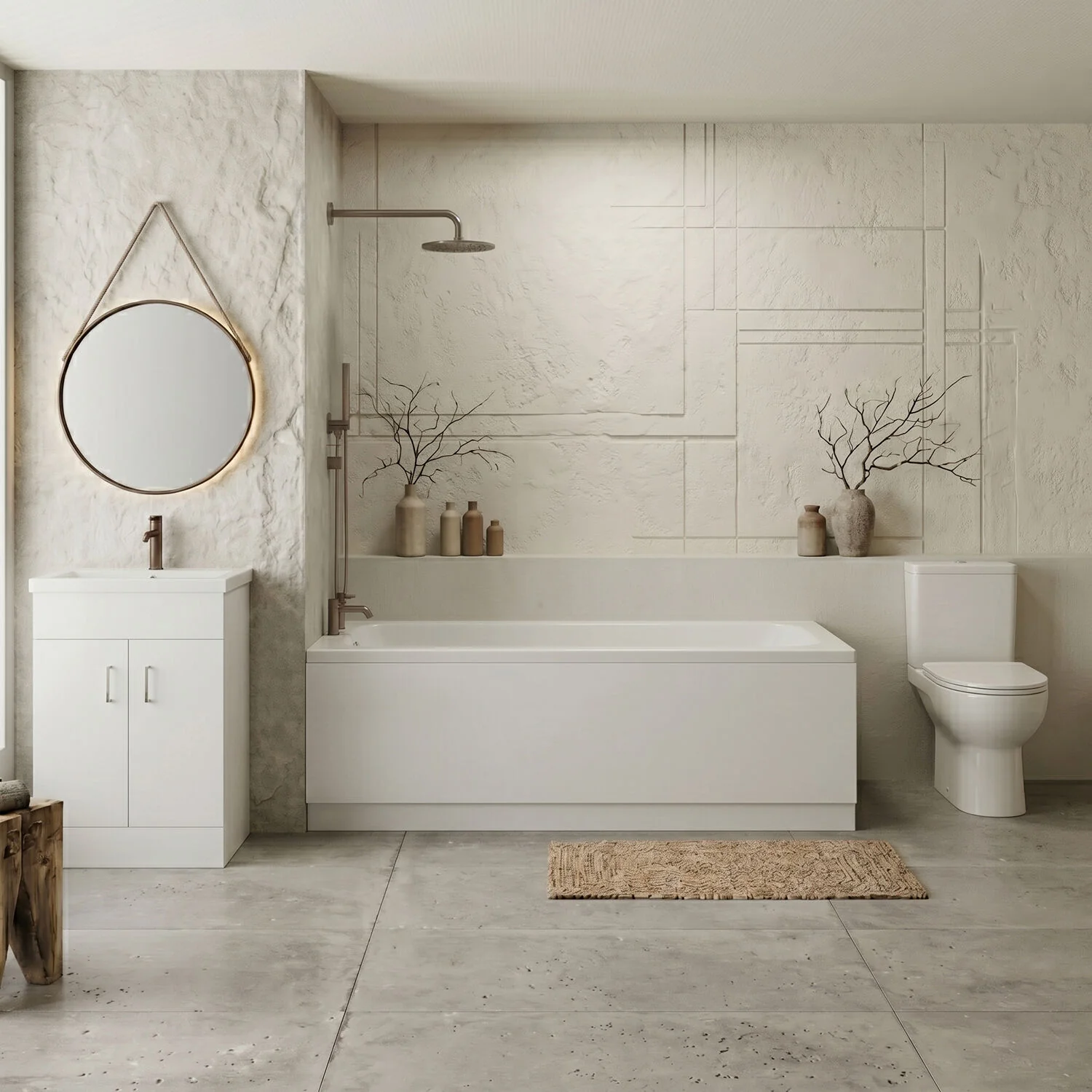 1700mm Bathroom Suite with Round Single Ended Bath Tub, Front Panel, 500mm Vanity Basin Unit and Toilet and Seat - Gloss White