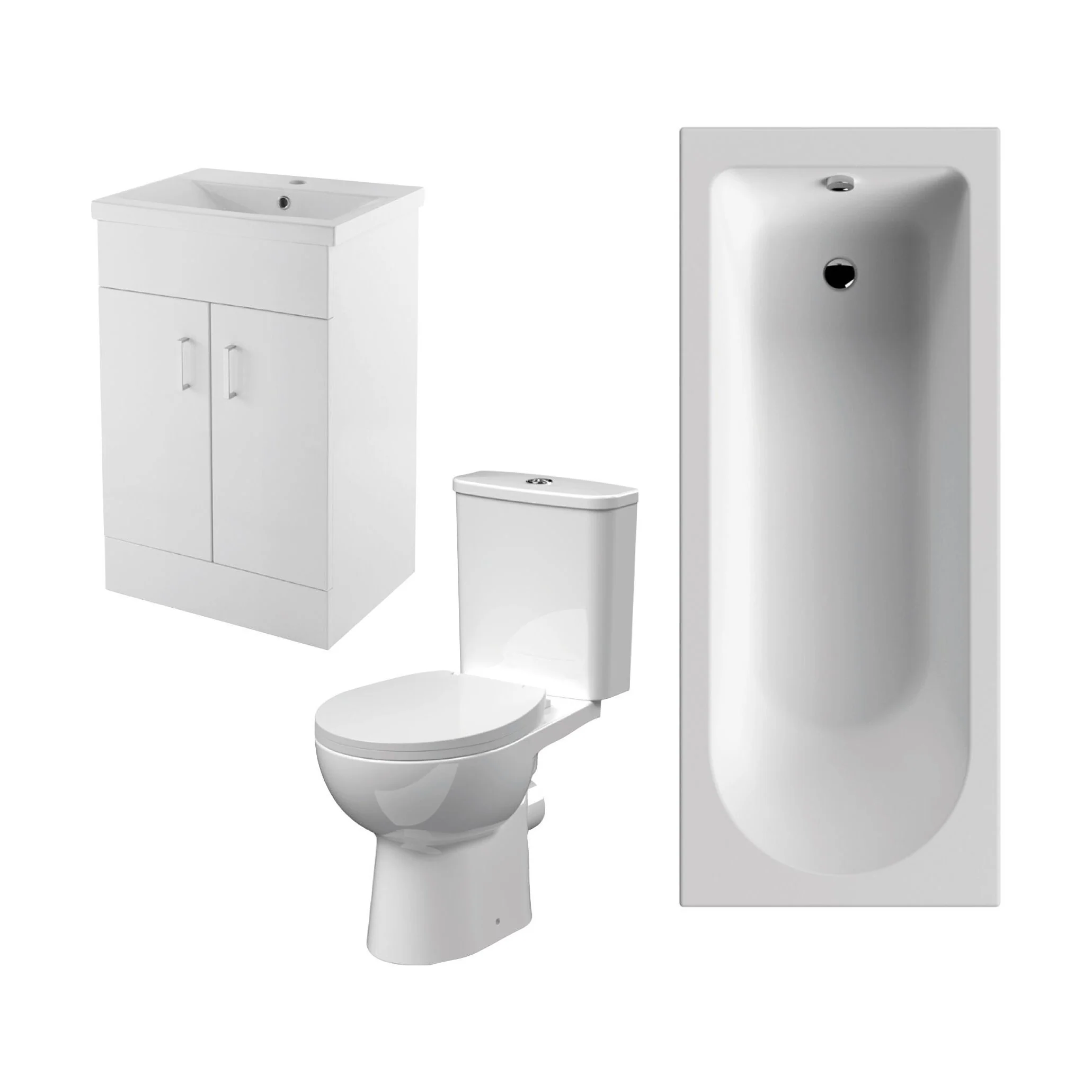 1700mm Bathroom Suite with Round Single Ended Bath Tub, Front Panel, 500mm Vanity Basin Unit and Toilet and Seat - Gloss White - Image 2