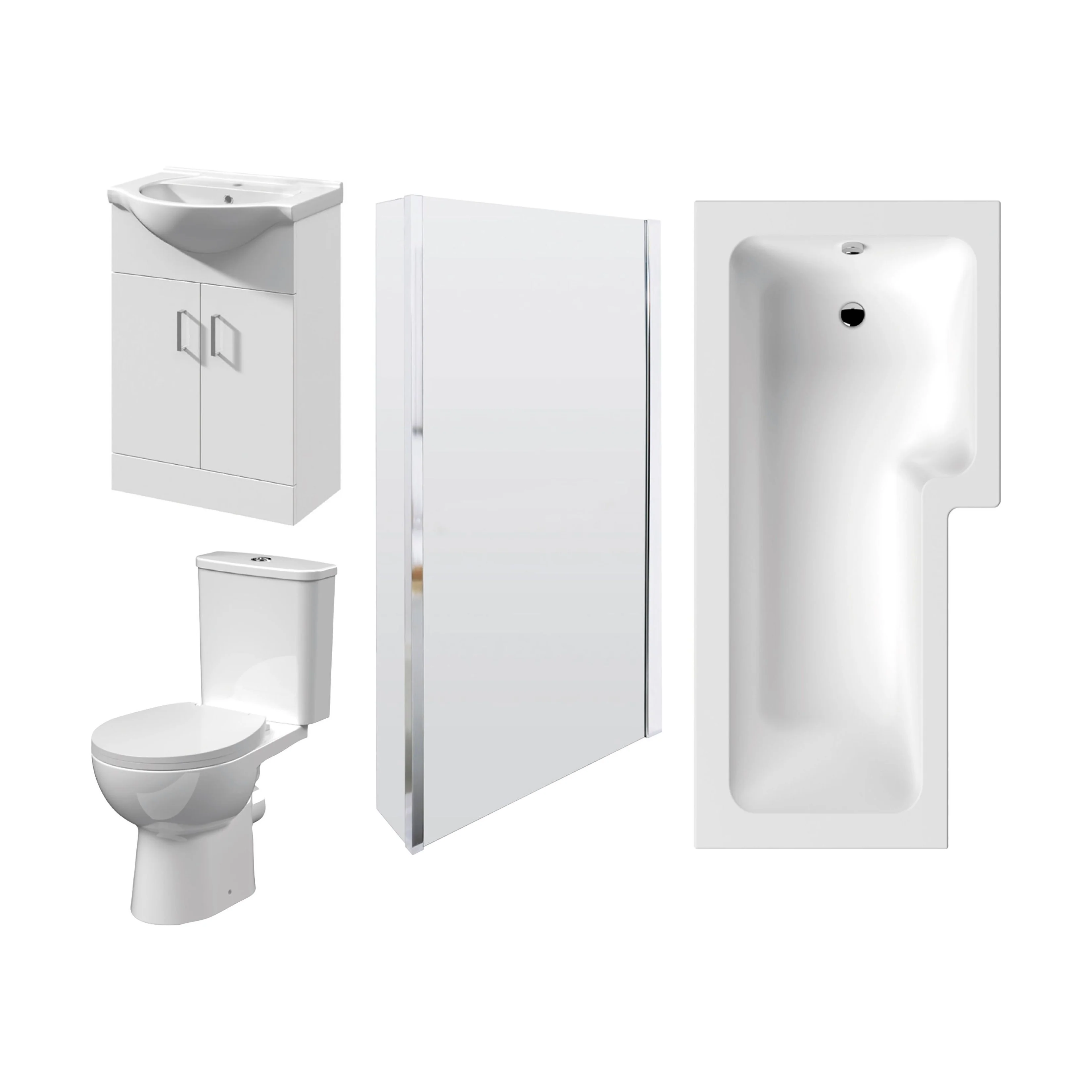 1700mm Bathroom Suite - L Shape Shower Bath, Front Panel, Shower Bath Screen, Vanity Basin Unit and Toilet and Seat - Gloss White