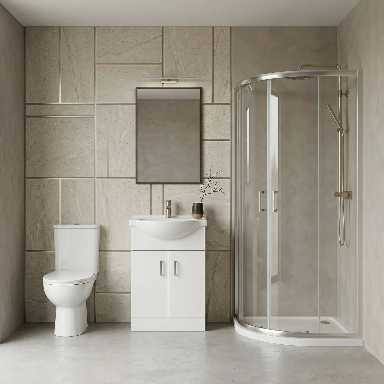 900mm Quadrant Shower Enclosure Suite with Shower Enclosure, Shower Tray, Waste, Vanity Basin Unit, Toilet and Seat - Chrome/White