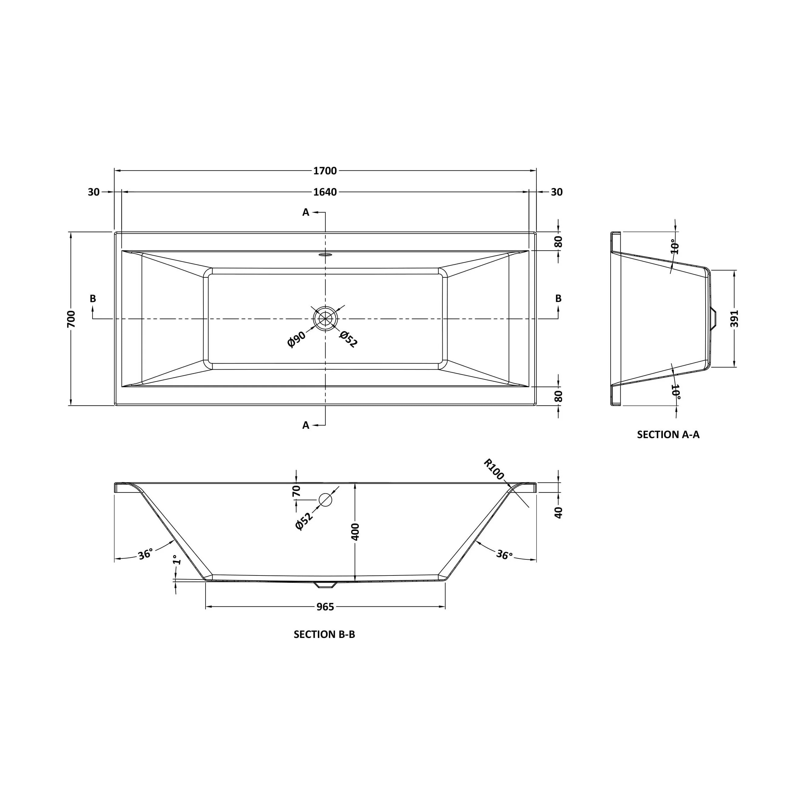 Balterley Modern Double Ended Straight Shower Bath, 1700mm x 700mm (Tap, Waste and Panel Not Included) - White - Image 6