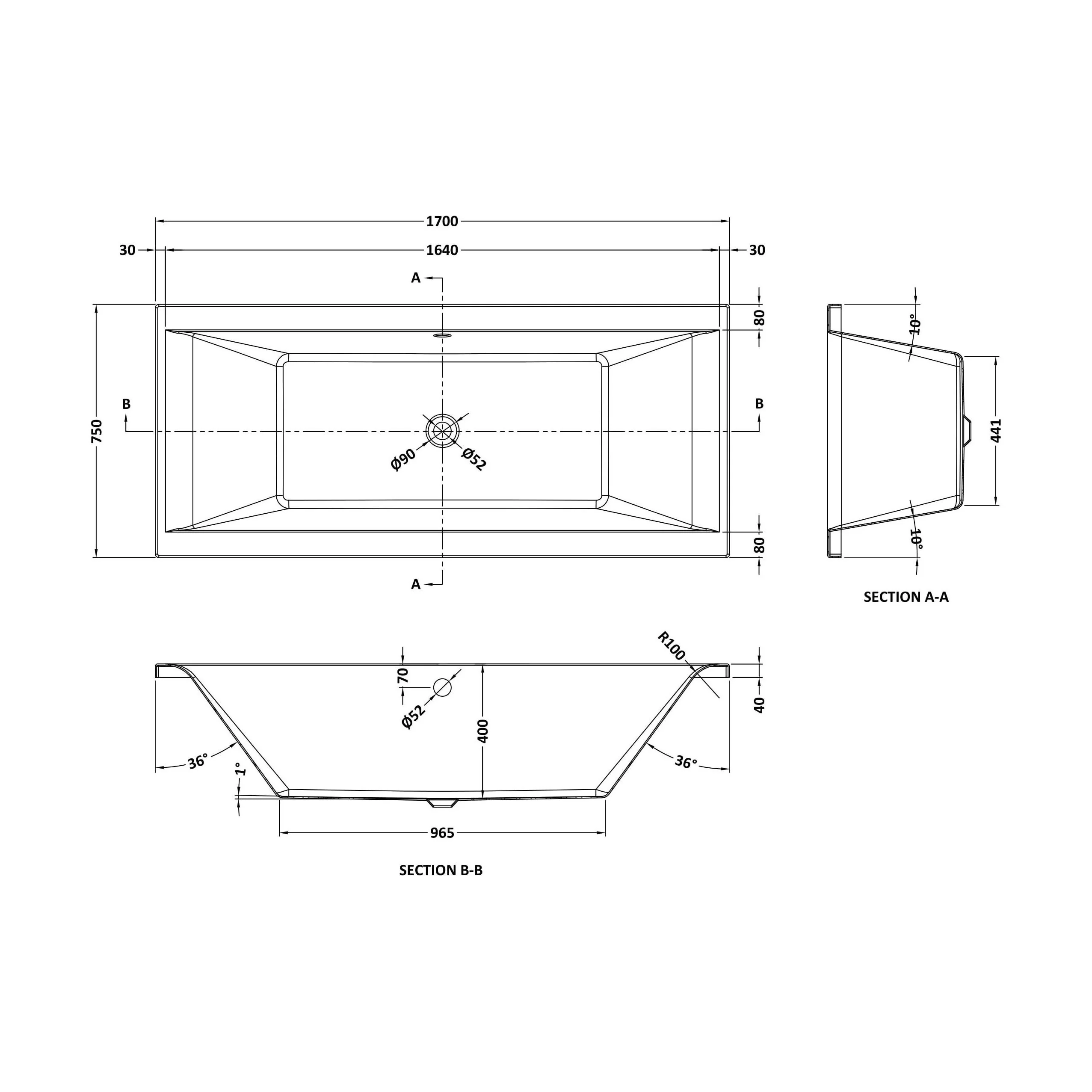 Balterley Modern Double Ended Straight Shower Bath, 1700mm x 700mm (Tap, Waste and Panel Not Included) - White - Image 7