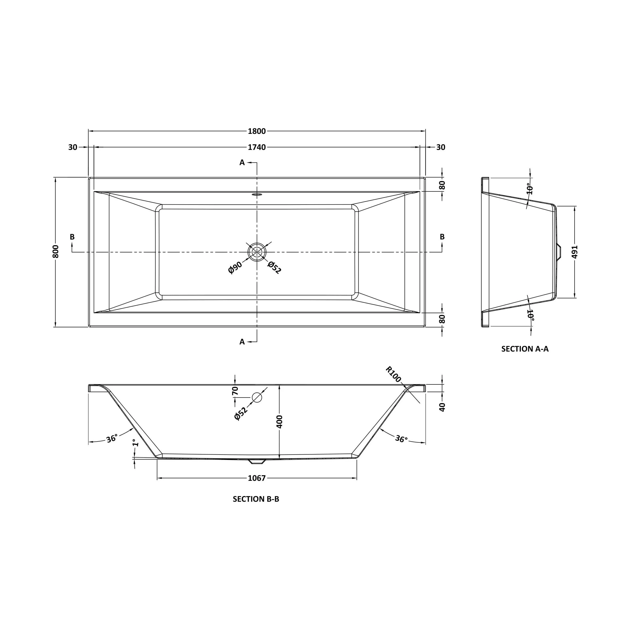 Balterley Modern Double Ended Straight Shower Bath, 1700mm x 700mm (Tap, Waste and Panel Not Included) - White - Image 8