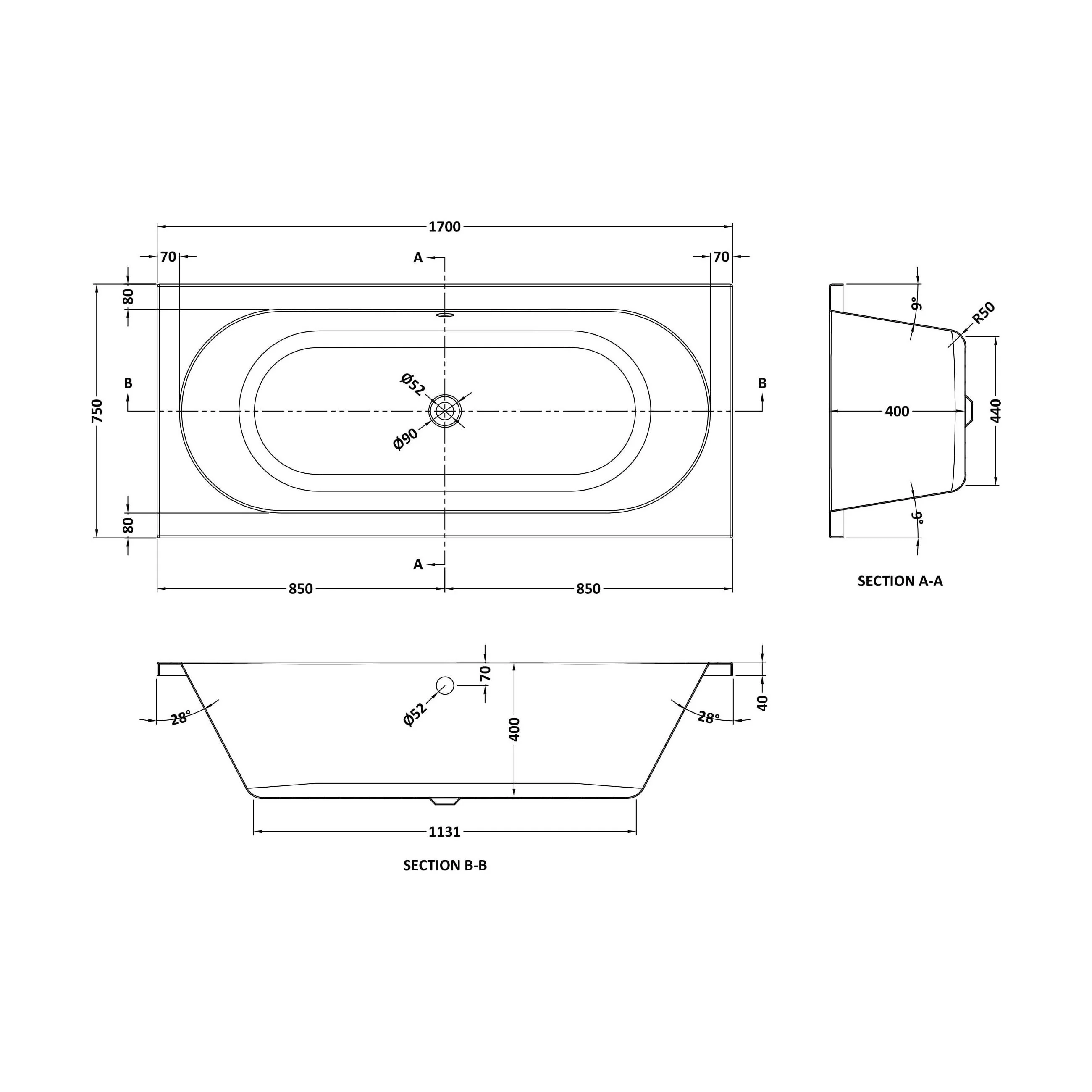 Balterley Modern Double Ended Straight Shower Bath with Leg Set, 1700mm x 750mm (Tap, Waste and Panel Not Included) - White - Image 3