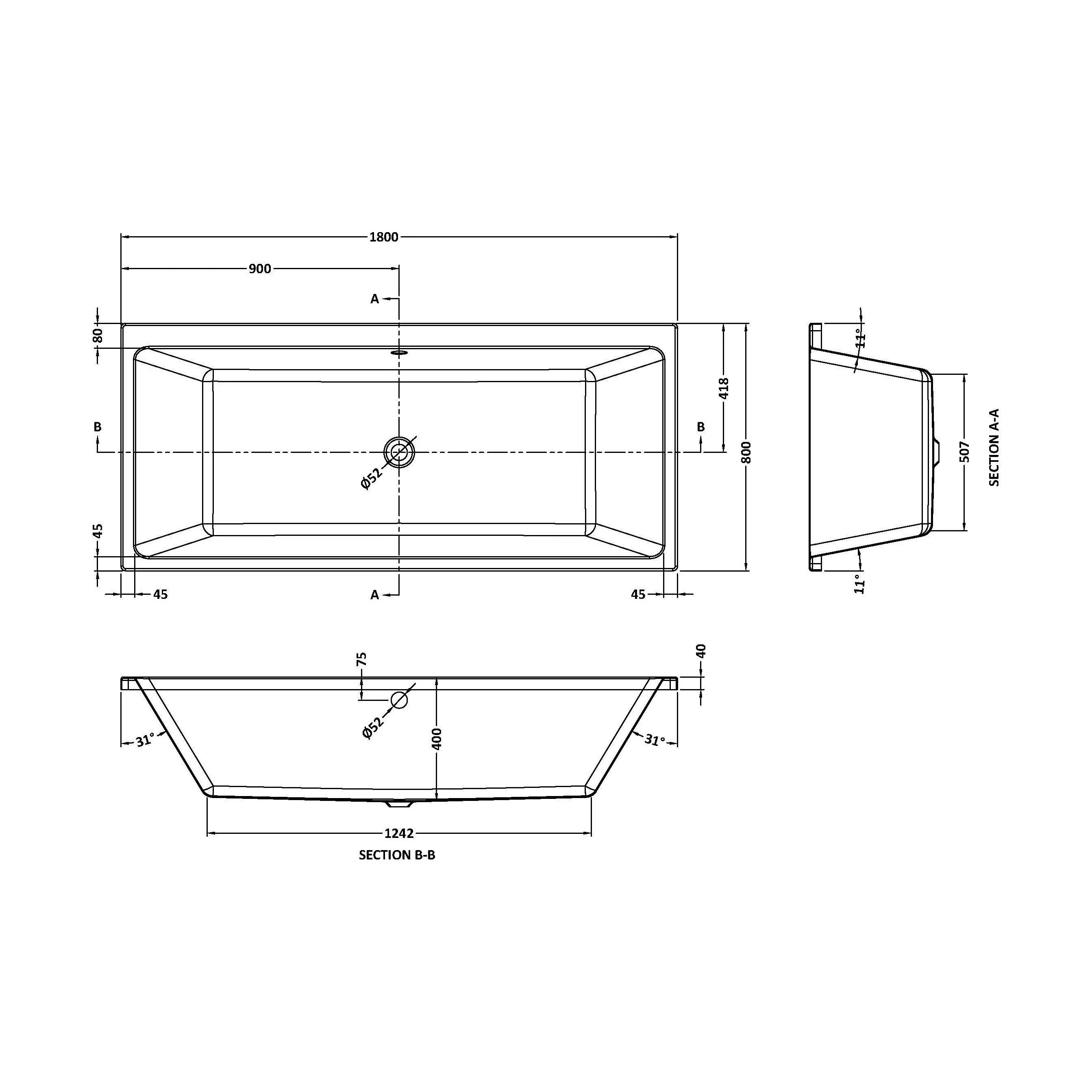 Balterley Modern Square Thin Edge Double Ended Straight Shower Bath with Leg Set, 1800mm x 800mm - White - Image 2