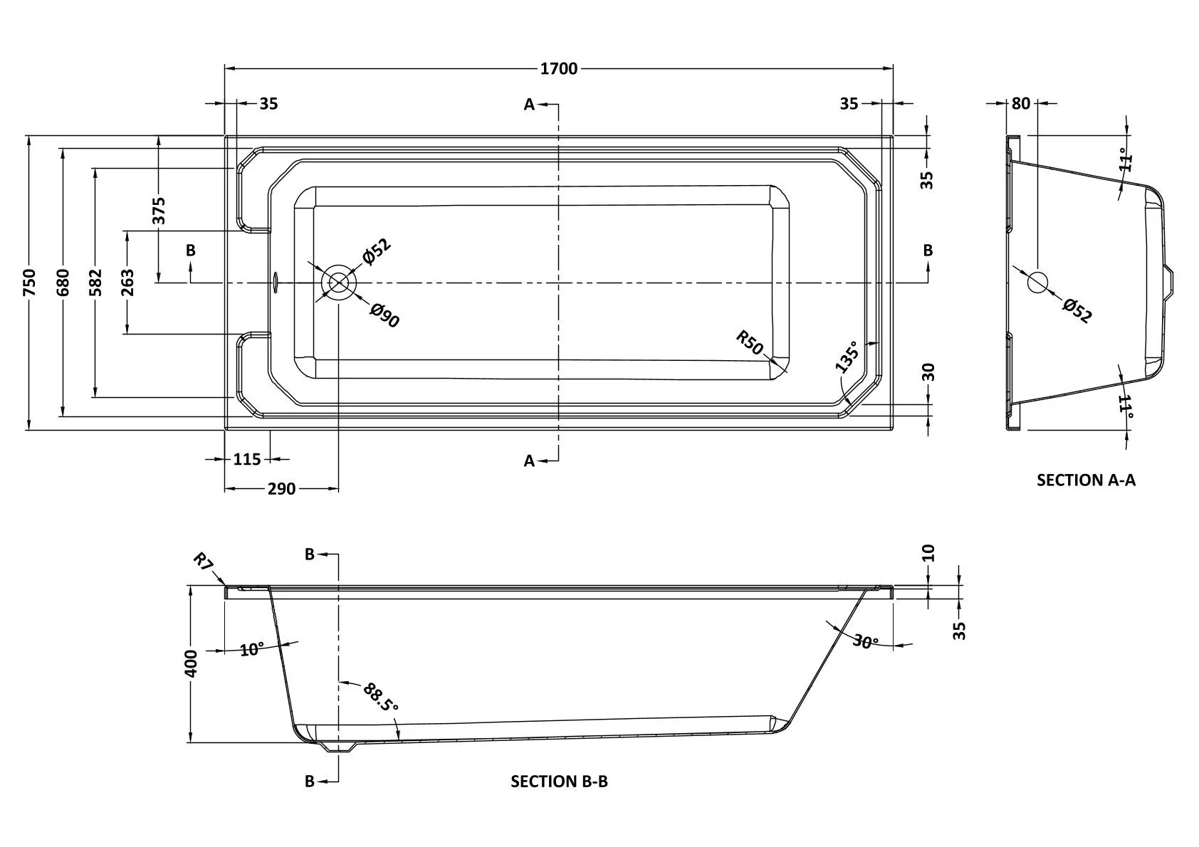 Harrington Traditional Straight Single Ended Bath Tub, Choice of Size - Image 4