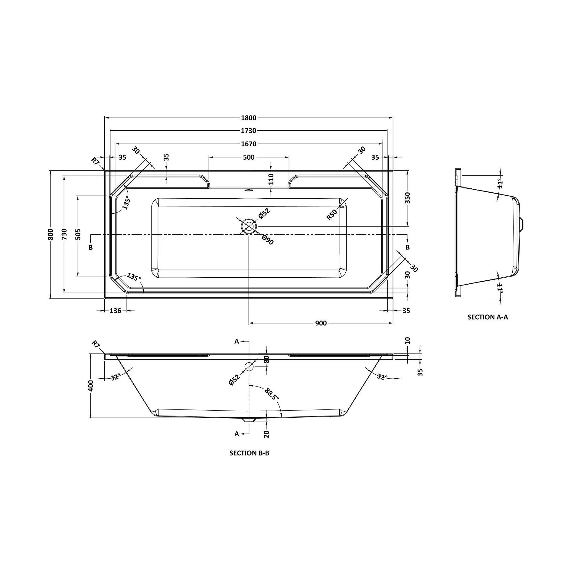 Balterley Harrington Traditional Straight Double Ended Shower Bath Tub, 1800mm x 800mm - White - Image 2