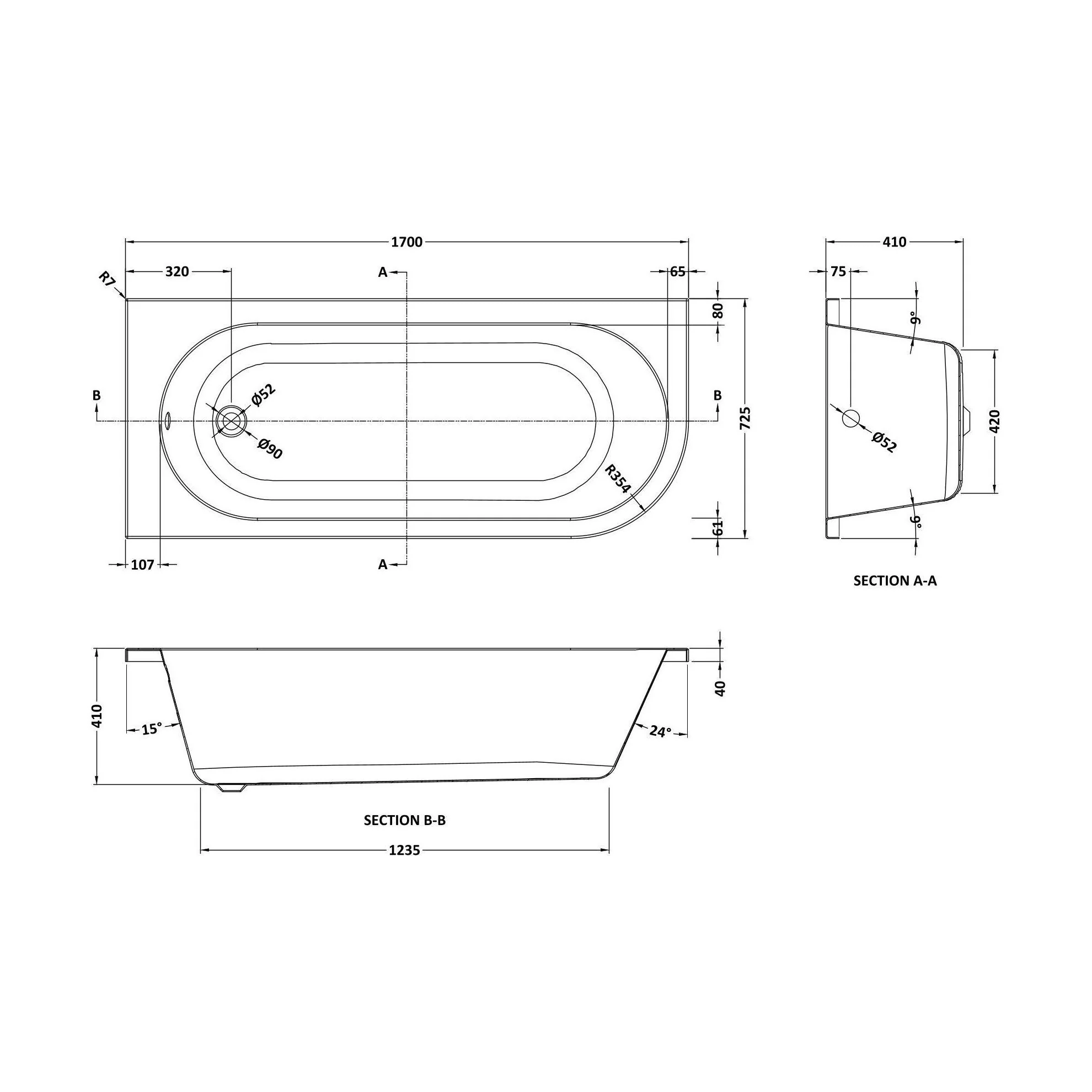 Kingsley Left Hand Back to Wall J Corner Bath with Leg Set (Taps, Waste and Panel Not Included) - 1700mm - Balterley - Image 2
