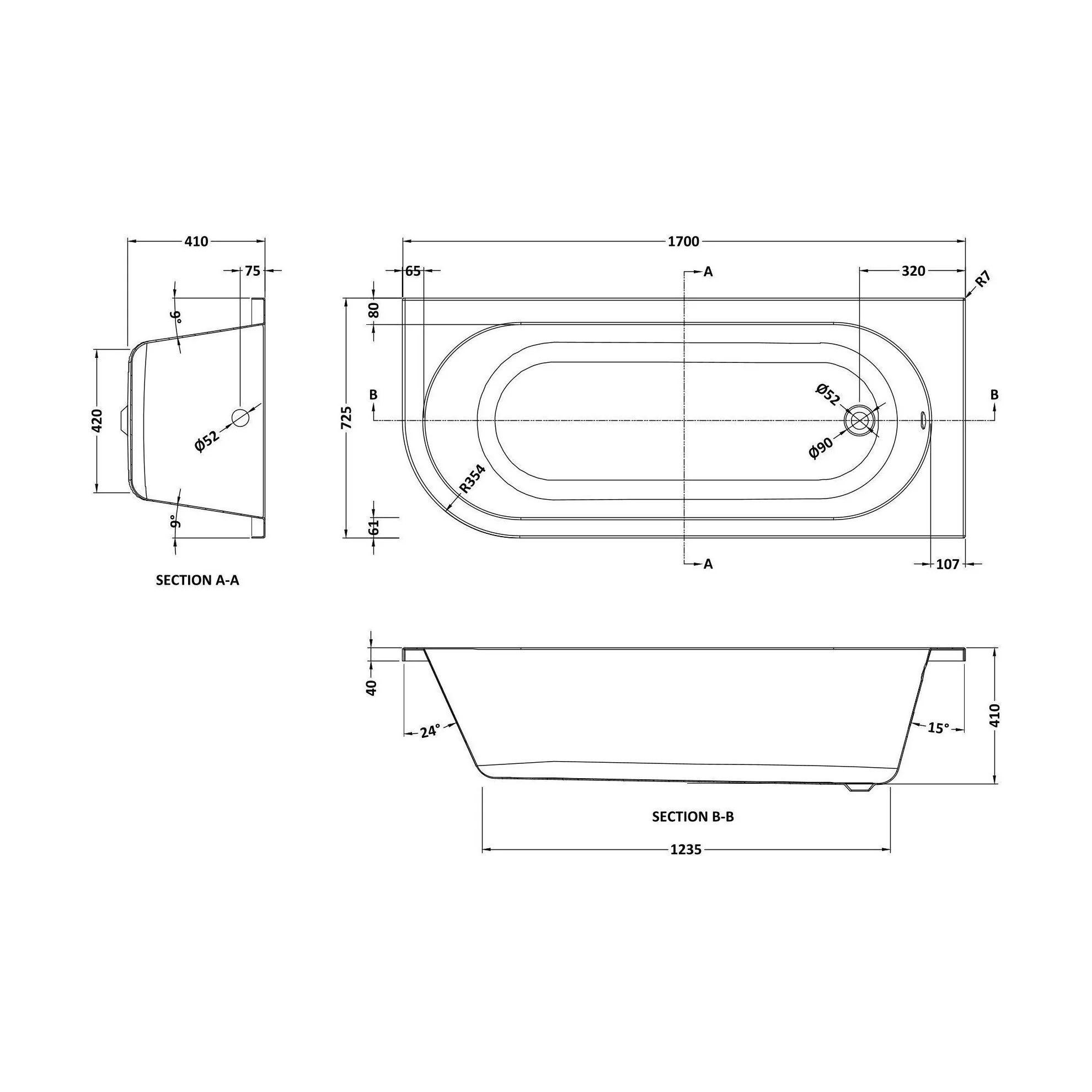 Kingsley Right Hand Back to Wall J Corner Bath with Leg Set (Taps, Waste and Panel Not Included) - 1700mm - Balterley - Image 2