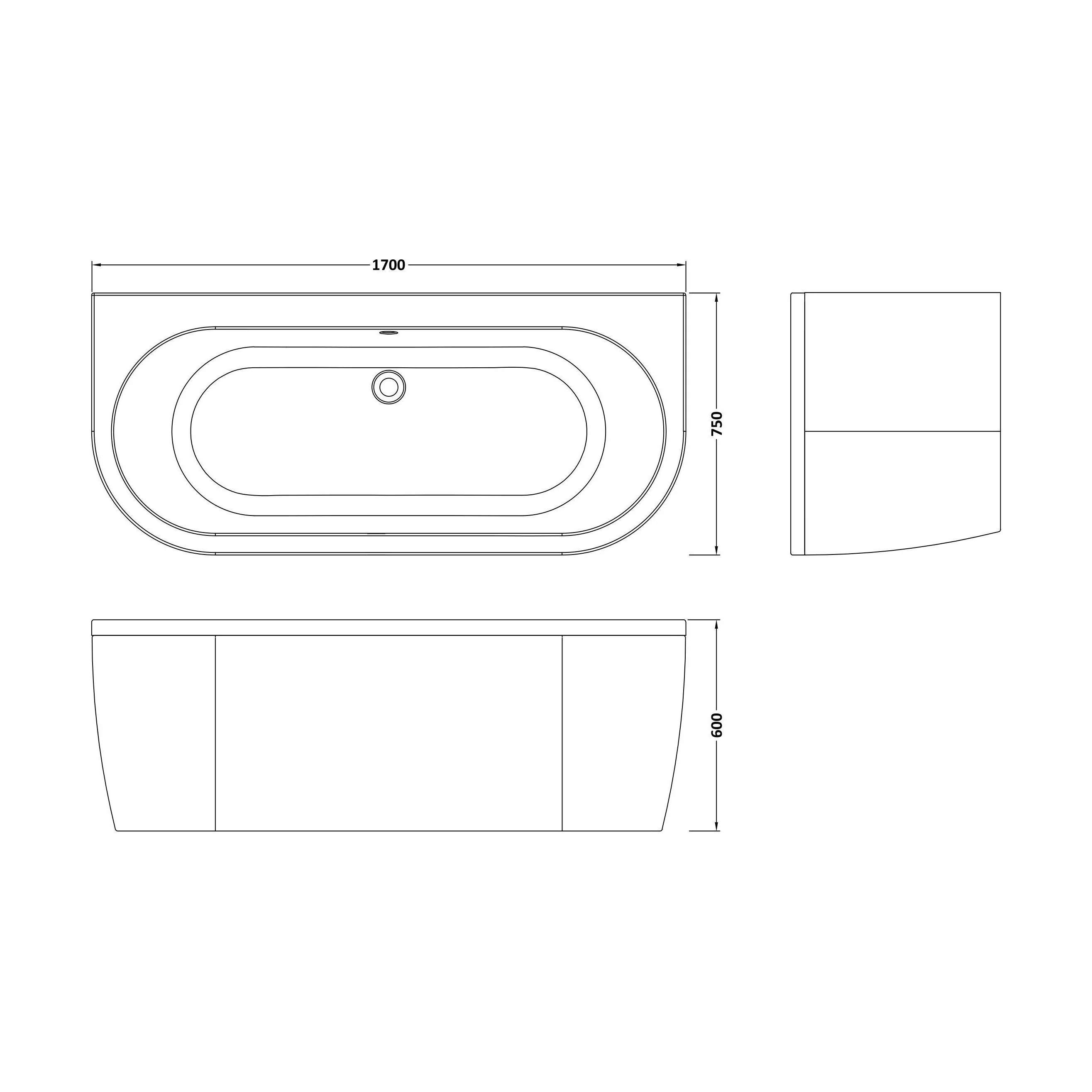1700 x 750 Curved Back To Wall Bath & Panel - Image 2