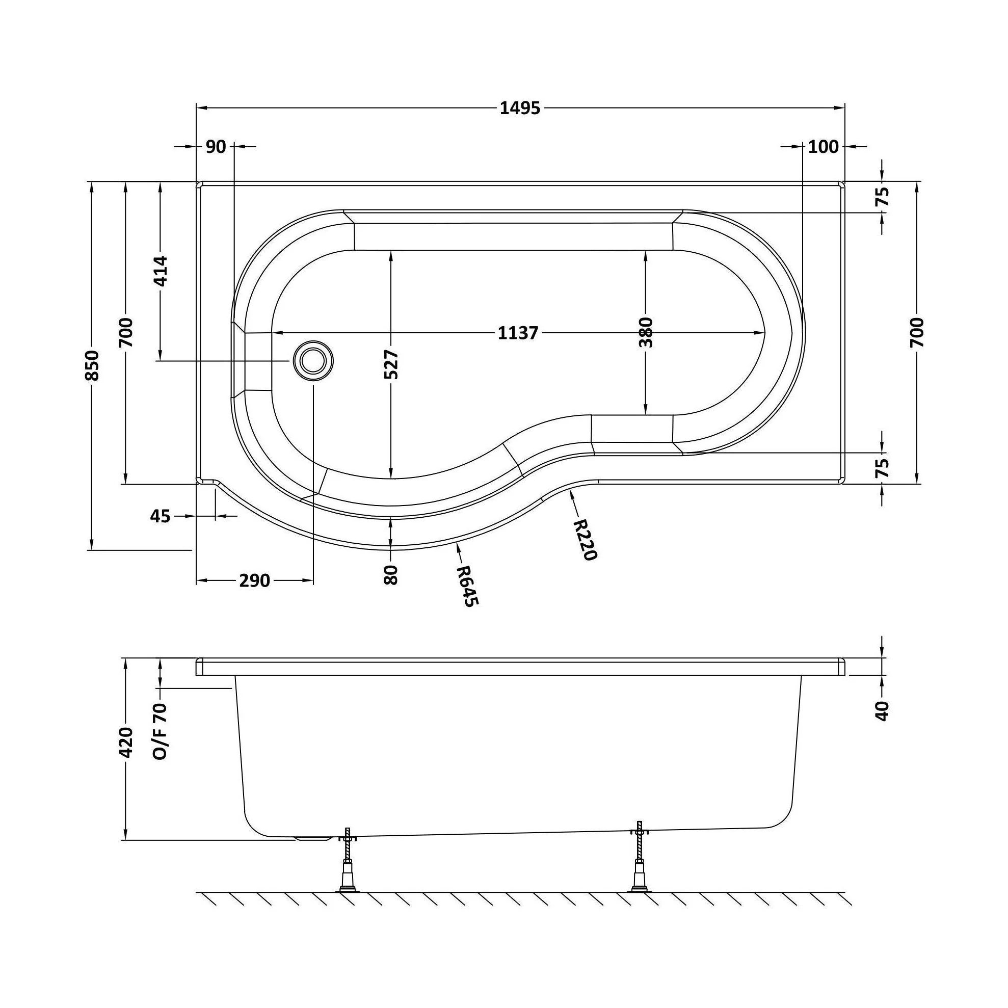 Balterley Modern P Shape Left Hand Shower Bath Tub with Leg Set - Image 3