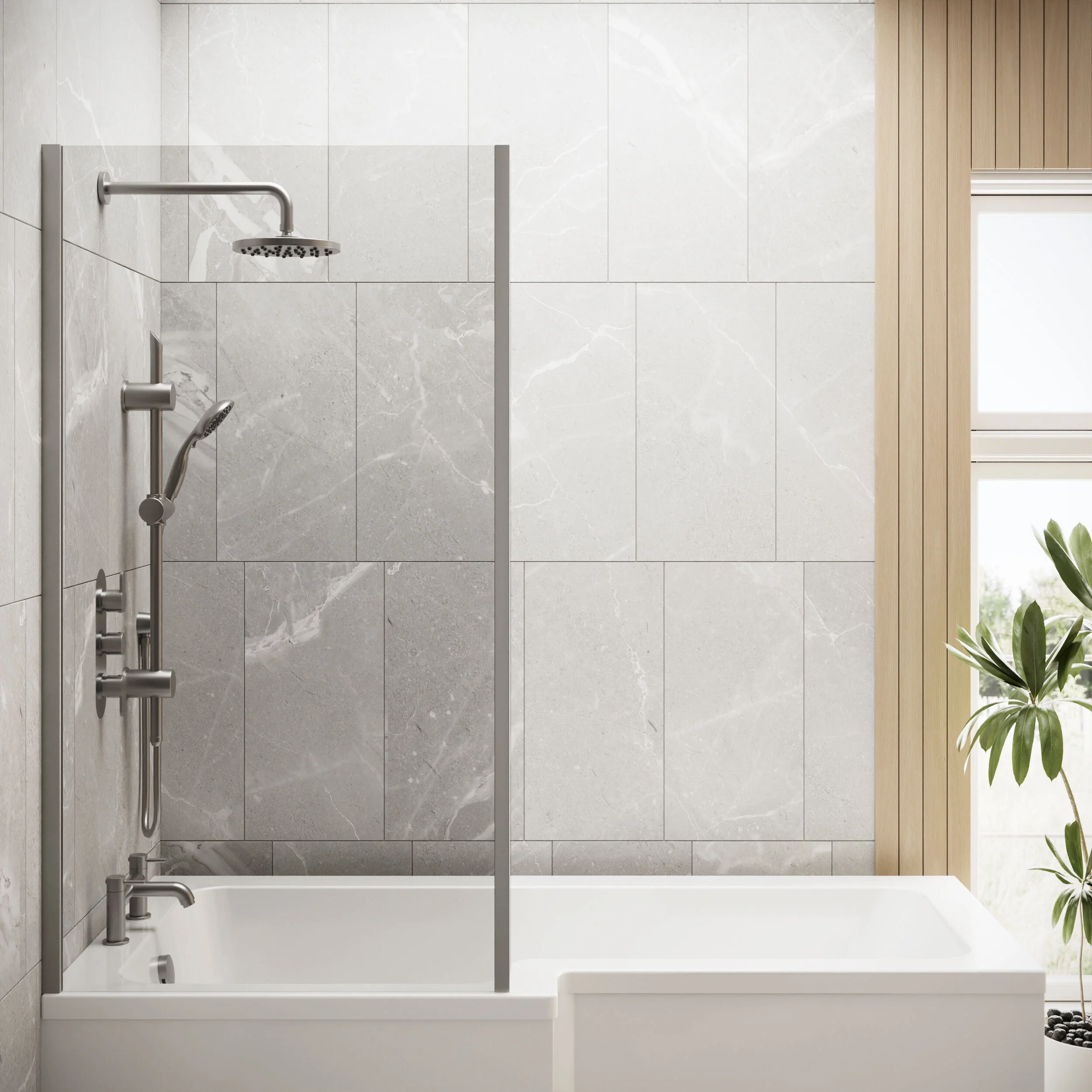 Contemporary 6mm Toughened Safety Glass Square Fixed Bath Screen with Fixed Return - 1400 x 815 x 160mm - Brushed Pewter - Image 2