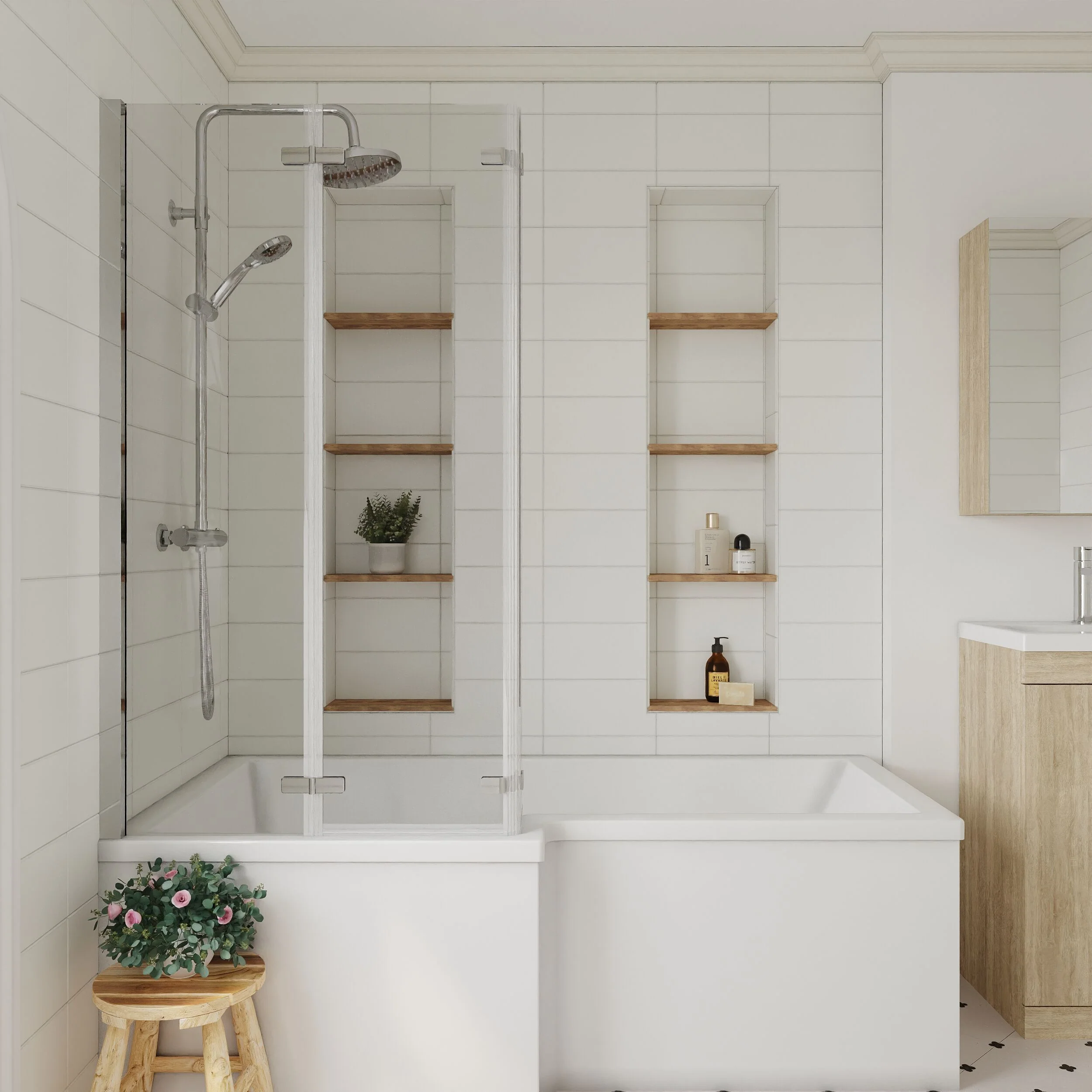 6mm Toughened Safety Glass Reversible L-Shaped Bath Screen Double Hinged - Chrome - Image 2