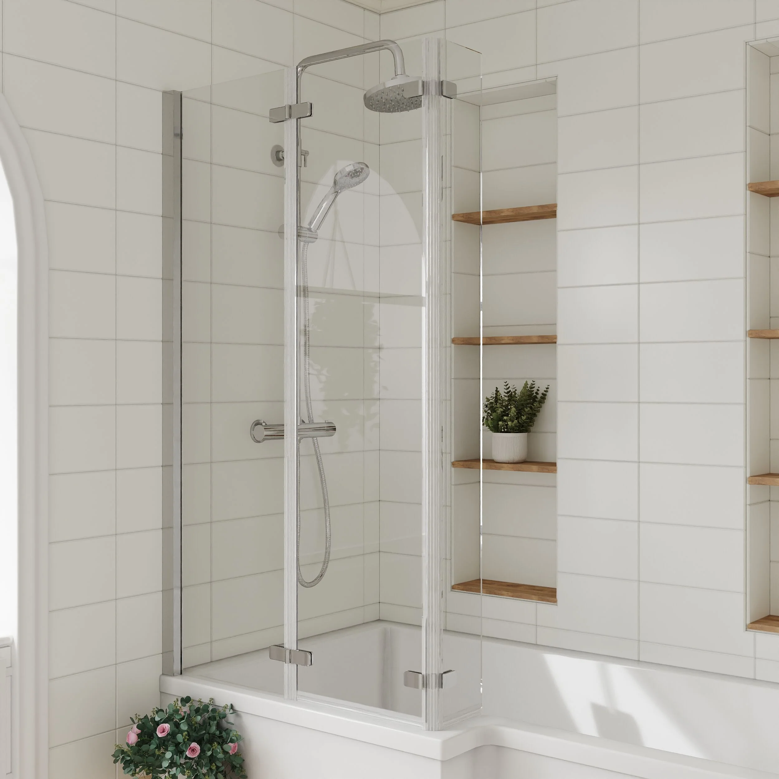 6mm Toughened Safety Glass Reversible L-Shaped Bath Screen Double Hinged - Chrome - Image 3