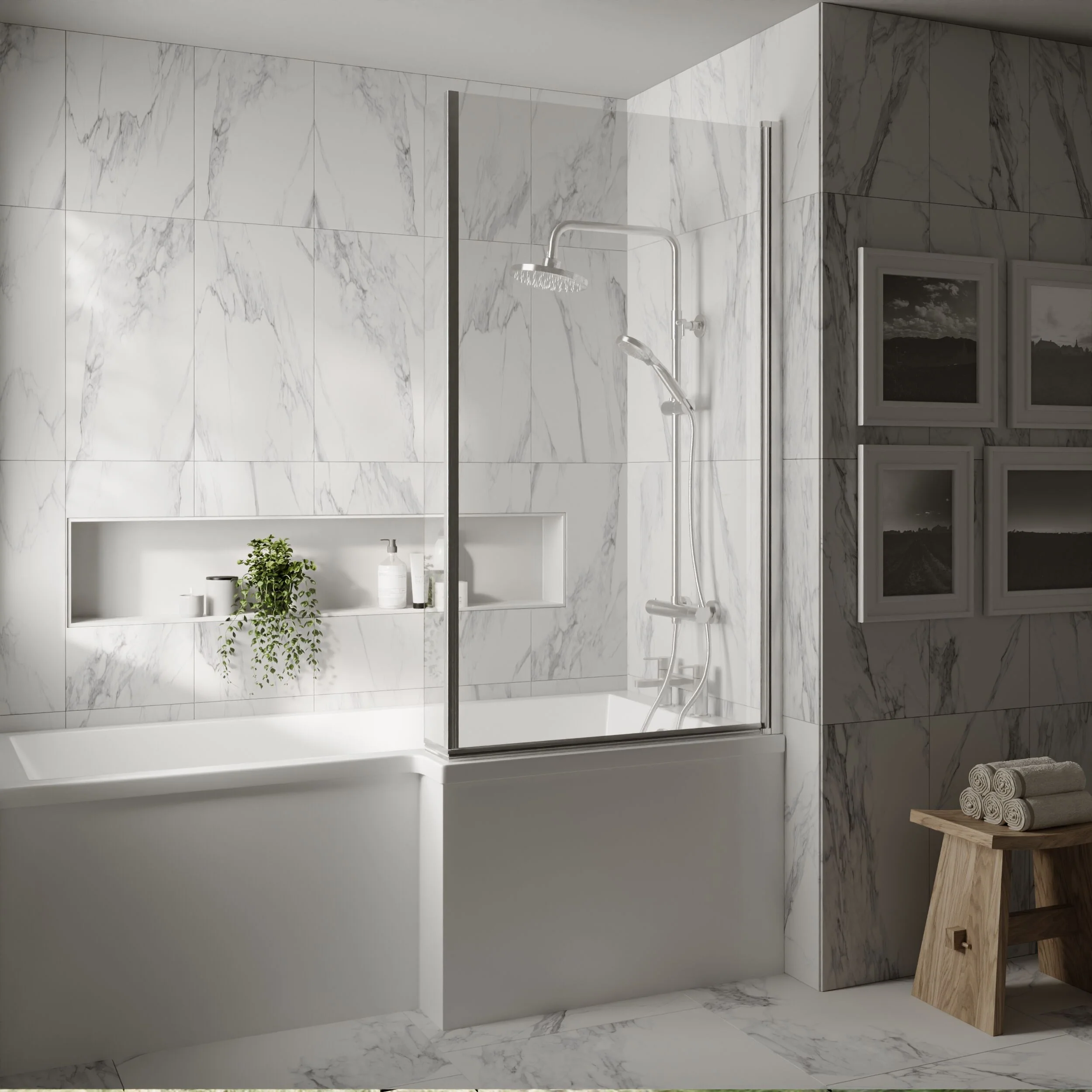 Chrome 6mm Toughened Safety Glass Reversible L-Shaped Bath Hinged Screen - Image 2