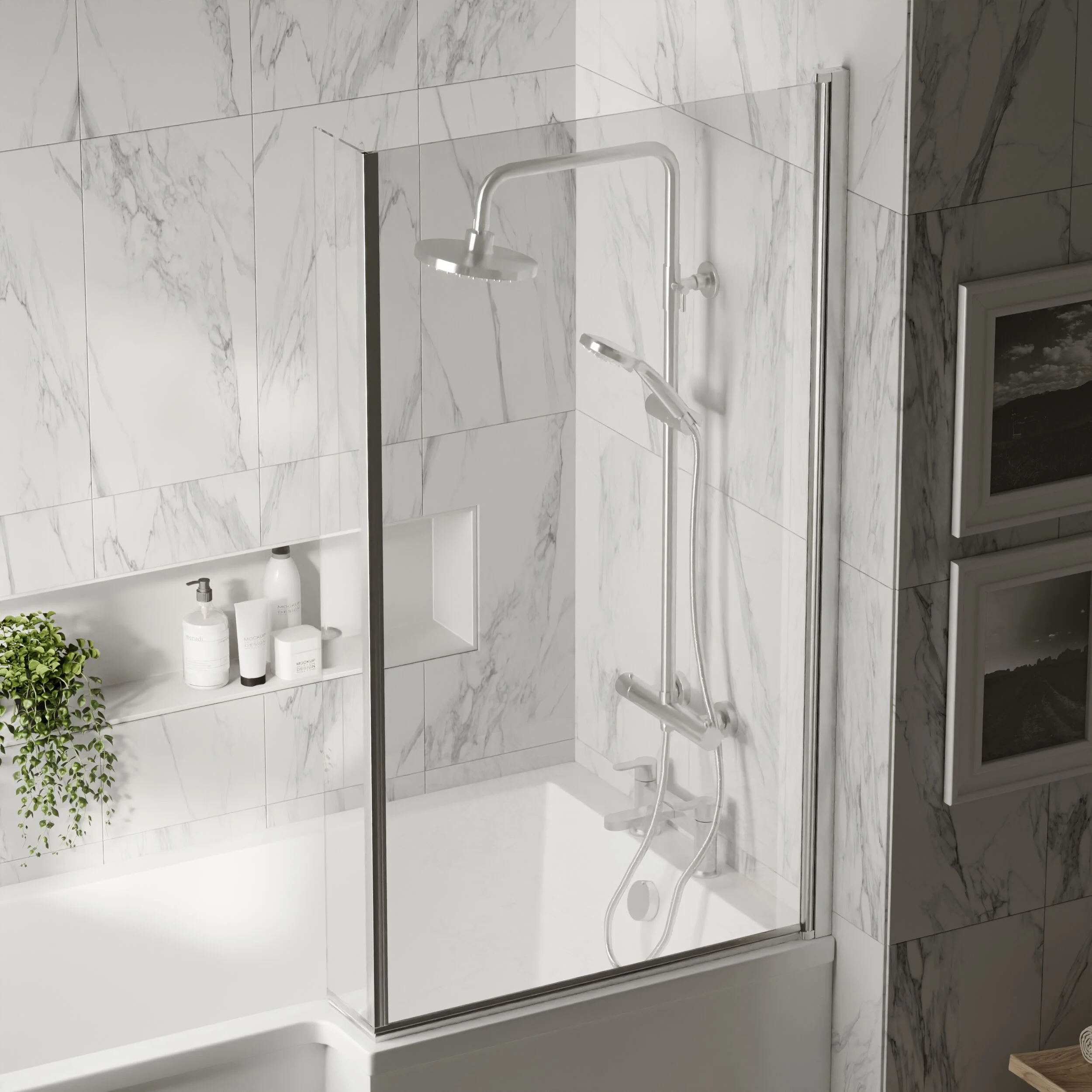 Chrome 6mm Toughened Safety Glass Reversible L-Shaped Bath Hinged Screen - Image 3