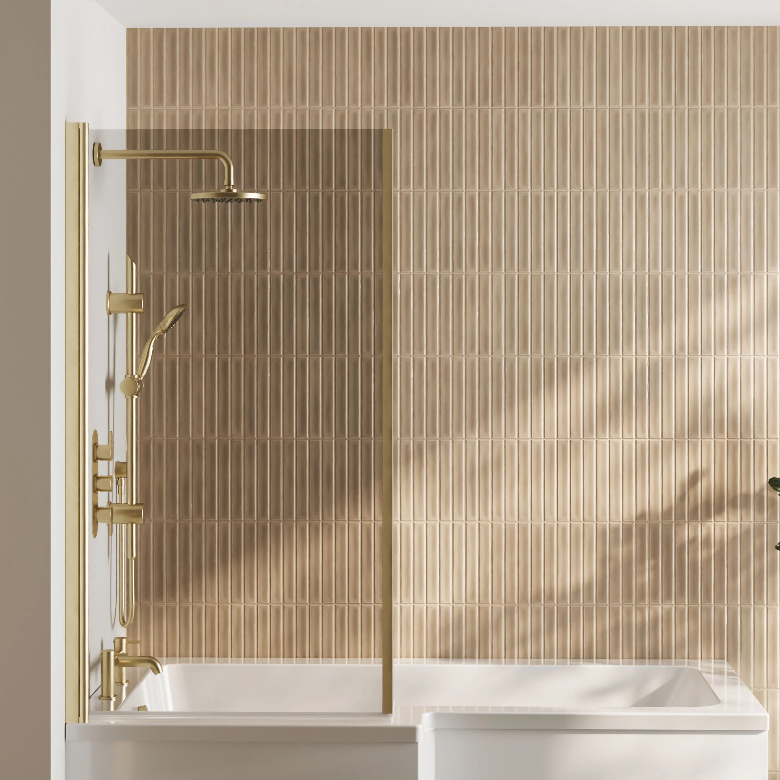 Contemporary 6mm Toughened Safety Glass Square Hinged Bath Screen with Fixed Return - 1430 x 795 x 24mm - Brushed Brass - Image 2