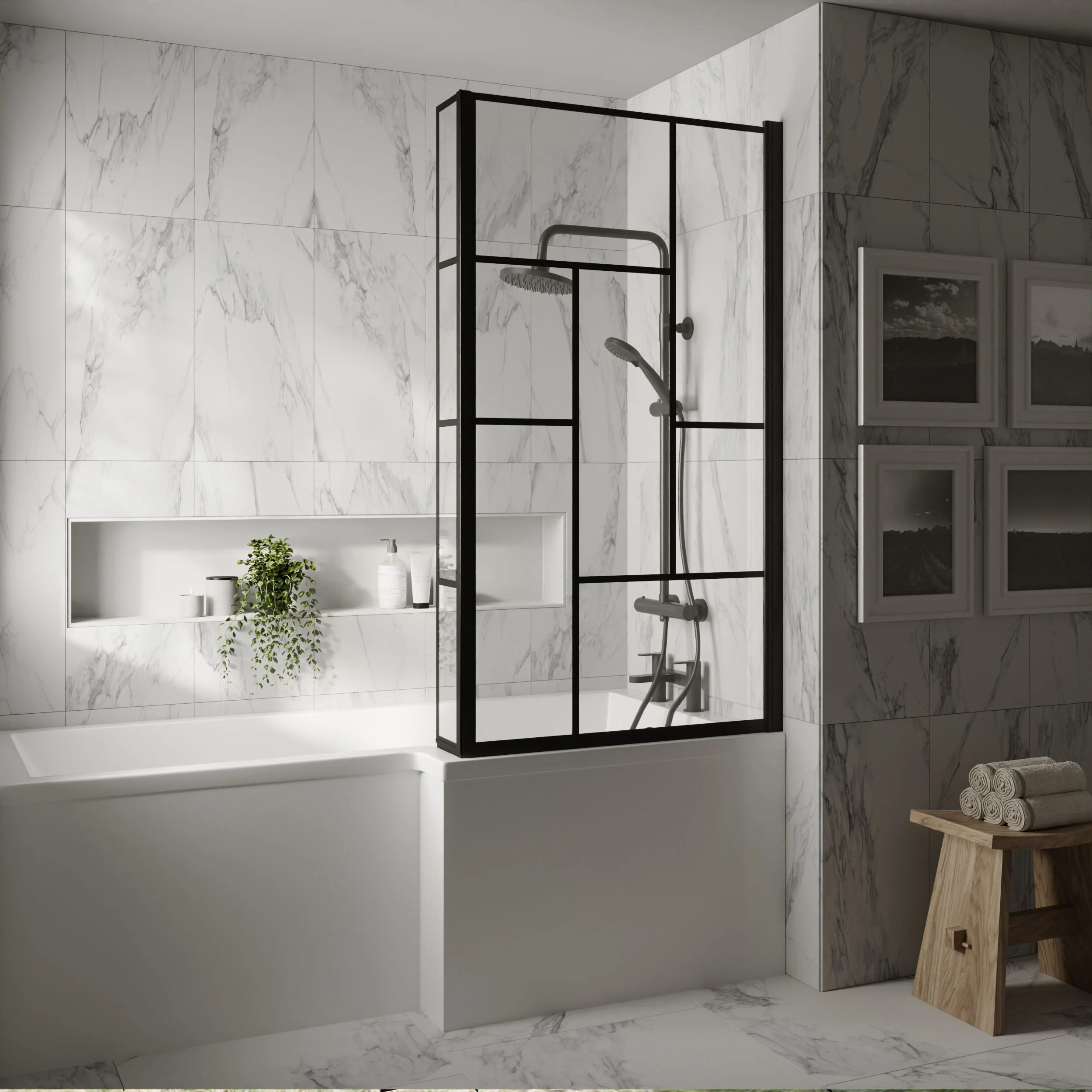 Black Reversible Square L Shape 6mm Toughened Safety Glass Bath Screen, 1430 x 808 x 150mm