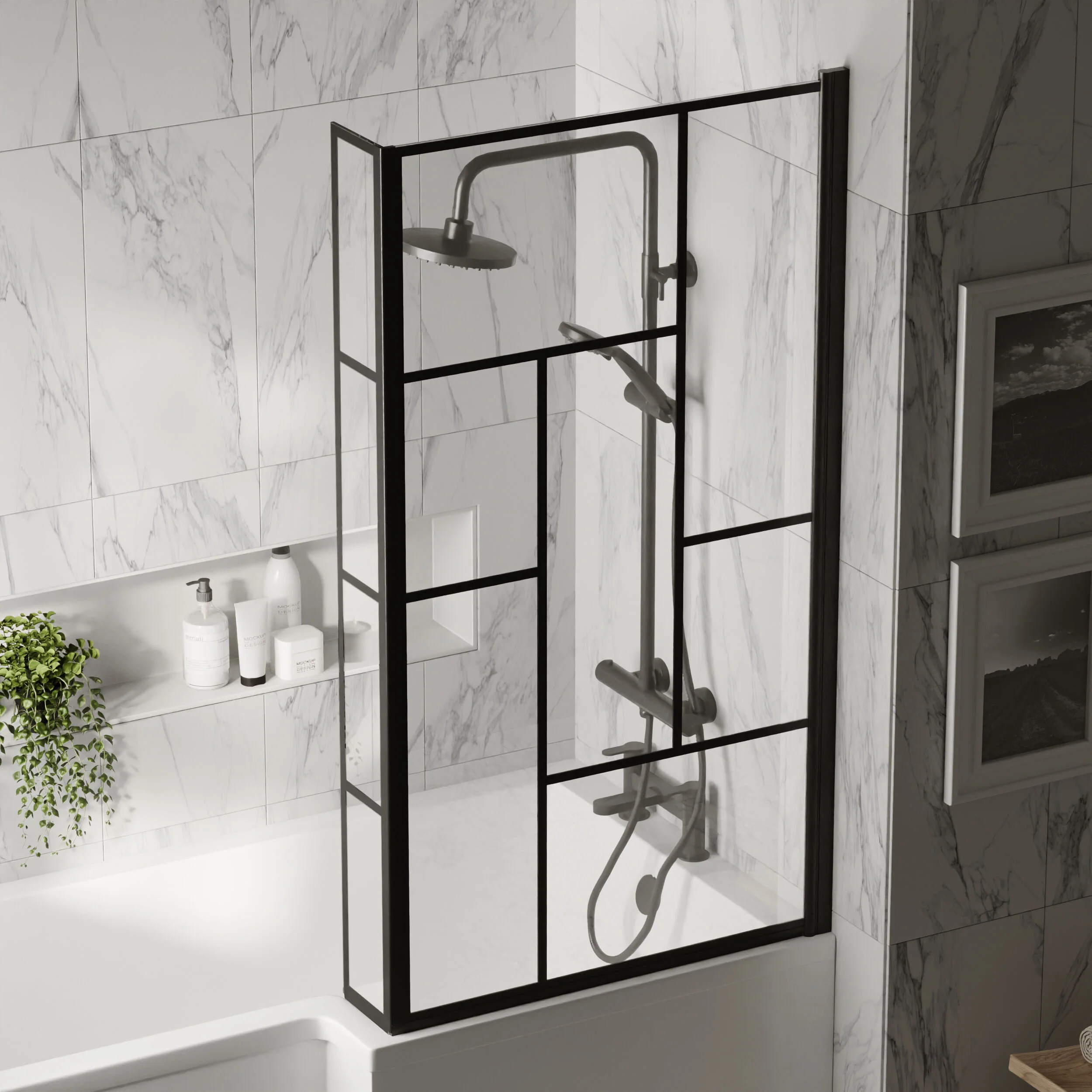 Black Reversible Square L Shape 6mm Toughened Safety Glass Bath Screen, 1430 x 808 x 150mm - Image 2