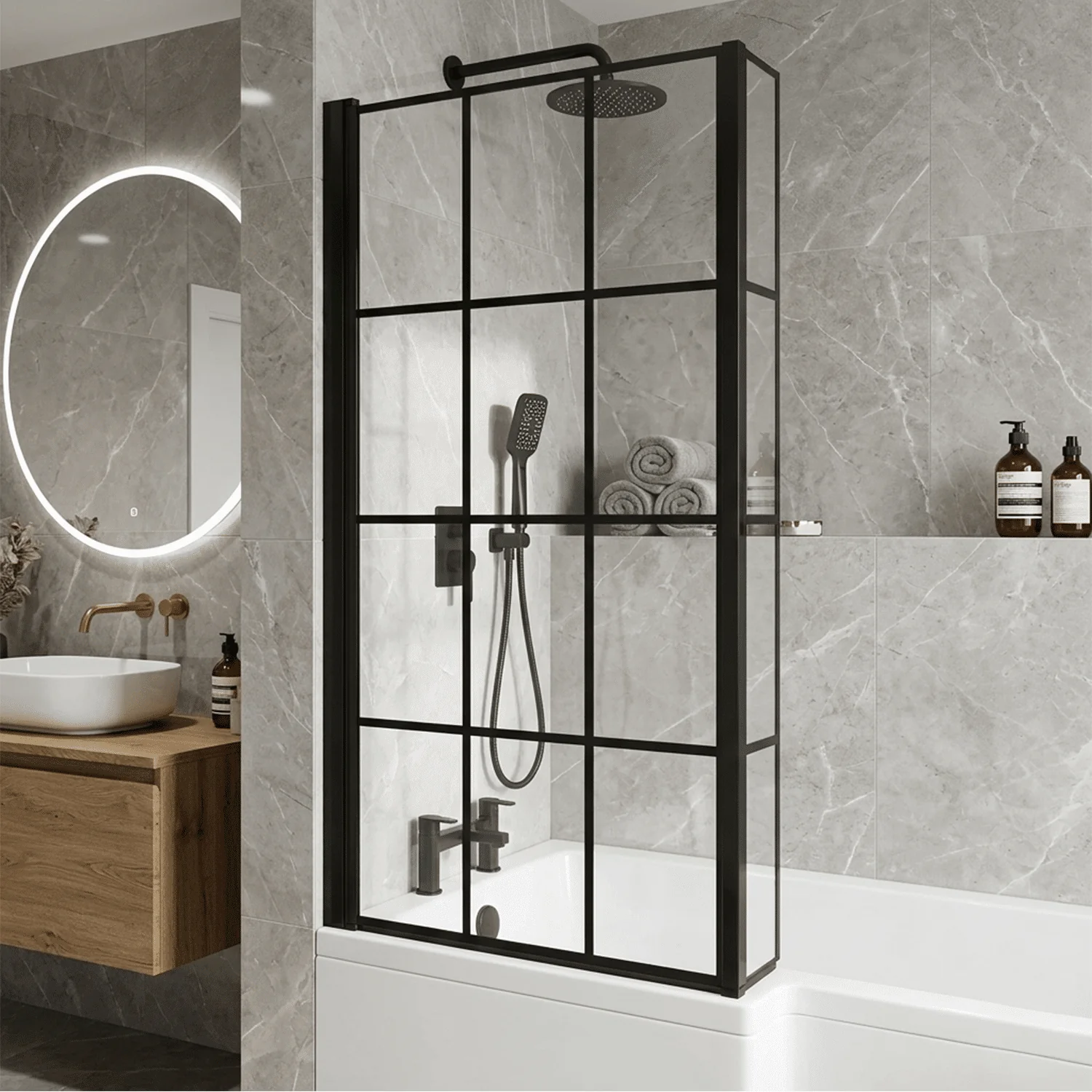 Black Frame 6mm Glass L Shaped Shower Bath Screen 1430 x 795 x 150mm