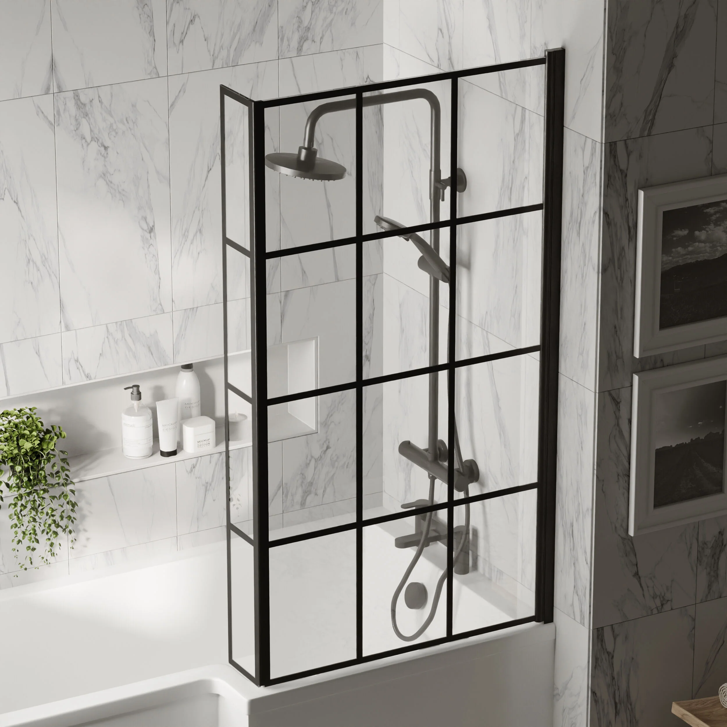 Black Frame 6mm Glass L Shaped Shower Bath Screen 1430 x 795 x 150mm - Image 3