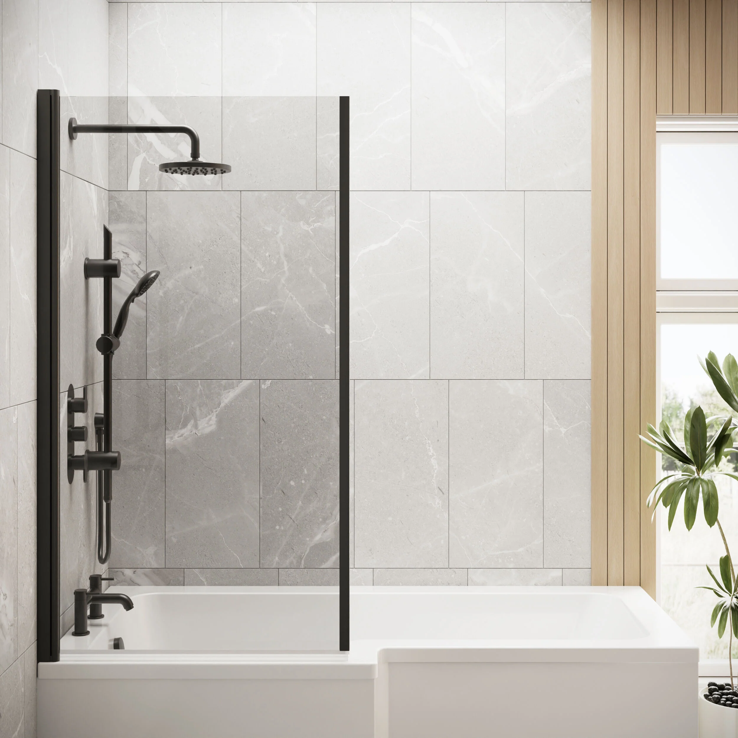 6mm Toughened Safety Glass L Shaped Reversible Bath Screen with Fixed Return - Black - Image 2