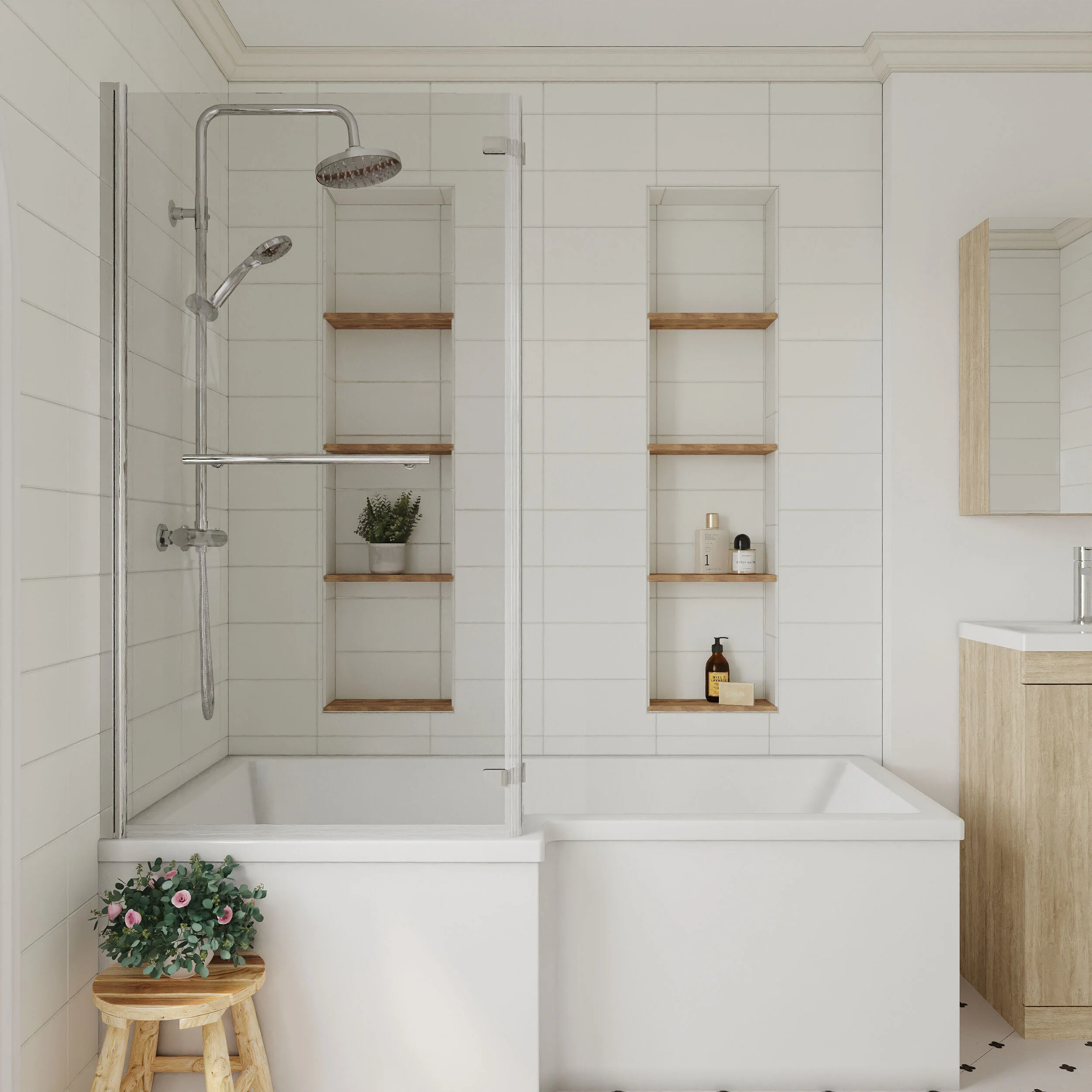 6mm Toughened Safety Glass Reversible L-Shaped Bath Fixed Screen Hinged Return with Rail - Chrome - Image 2
