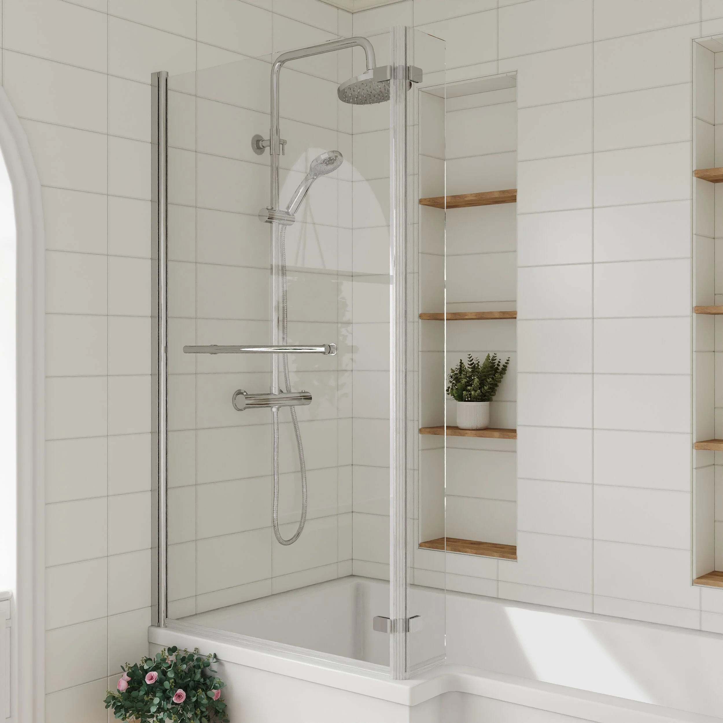 6mm Toughened Safety Glass Reversible L-Shaped Bath Fixed Screen Hinged Return with Rail - Chrome - Image 3