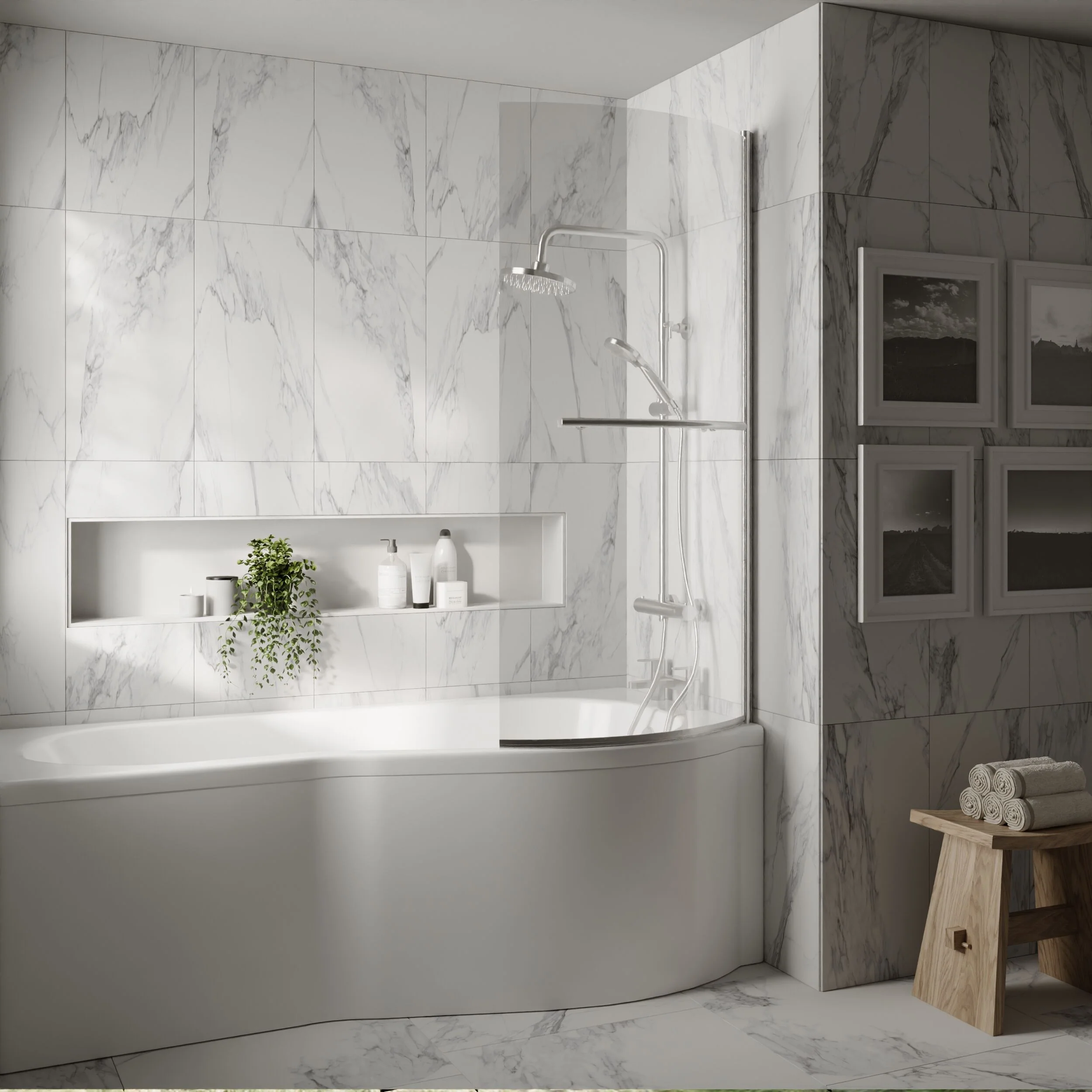 Balterley Contemporary 6mm Toughened Safety Glass Reversible P-Bath Screen with Towel Rail, 1430 x 715 x 185mm - Chrome - Image 2