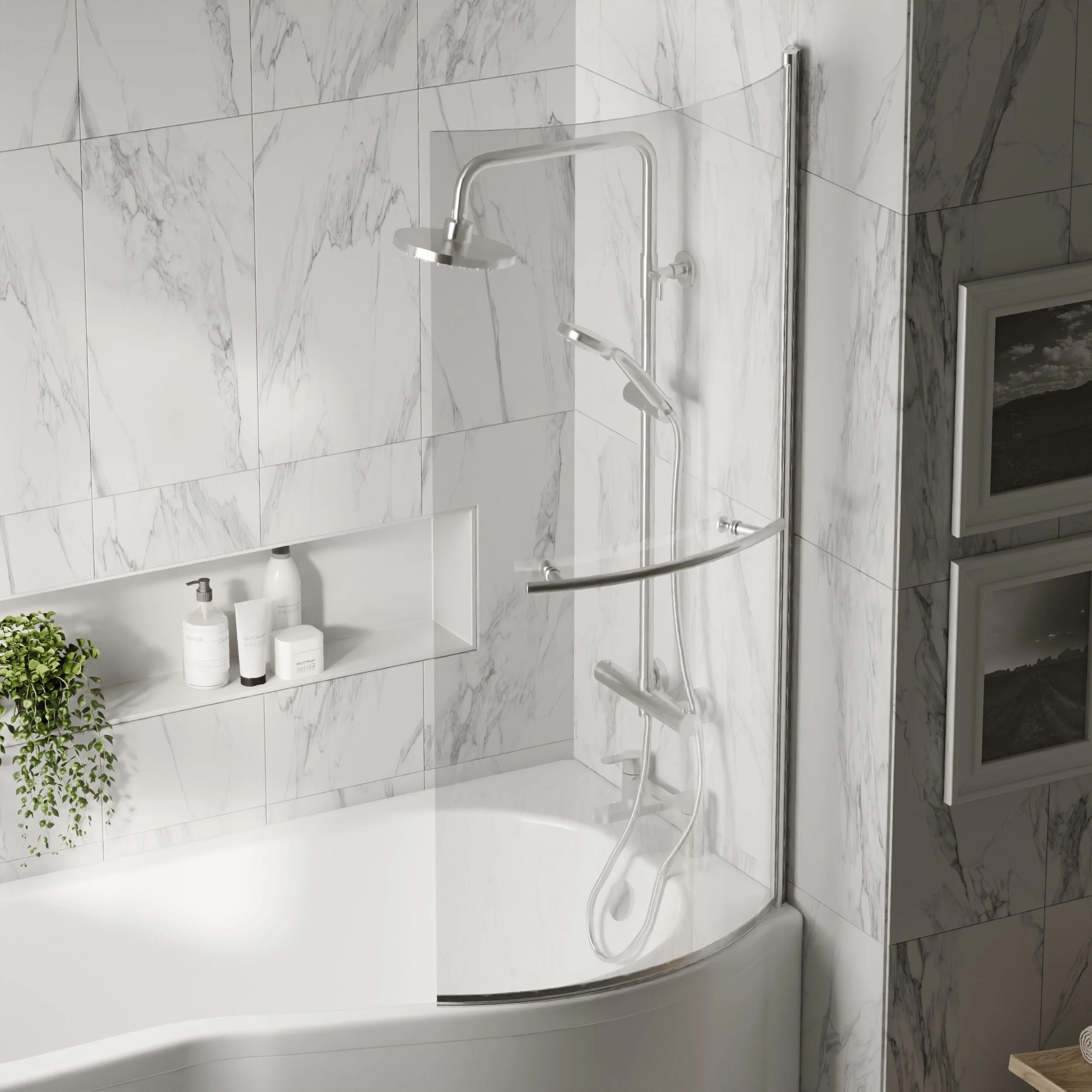 Balterley Contemporary 6mm Toughened Safety Glass Reversible P-Bath Screen with Towel Rail, 1430 x 715 x 185mm - Chrome - Image 3