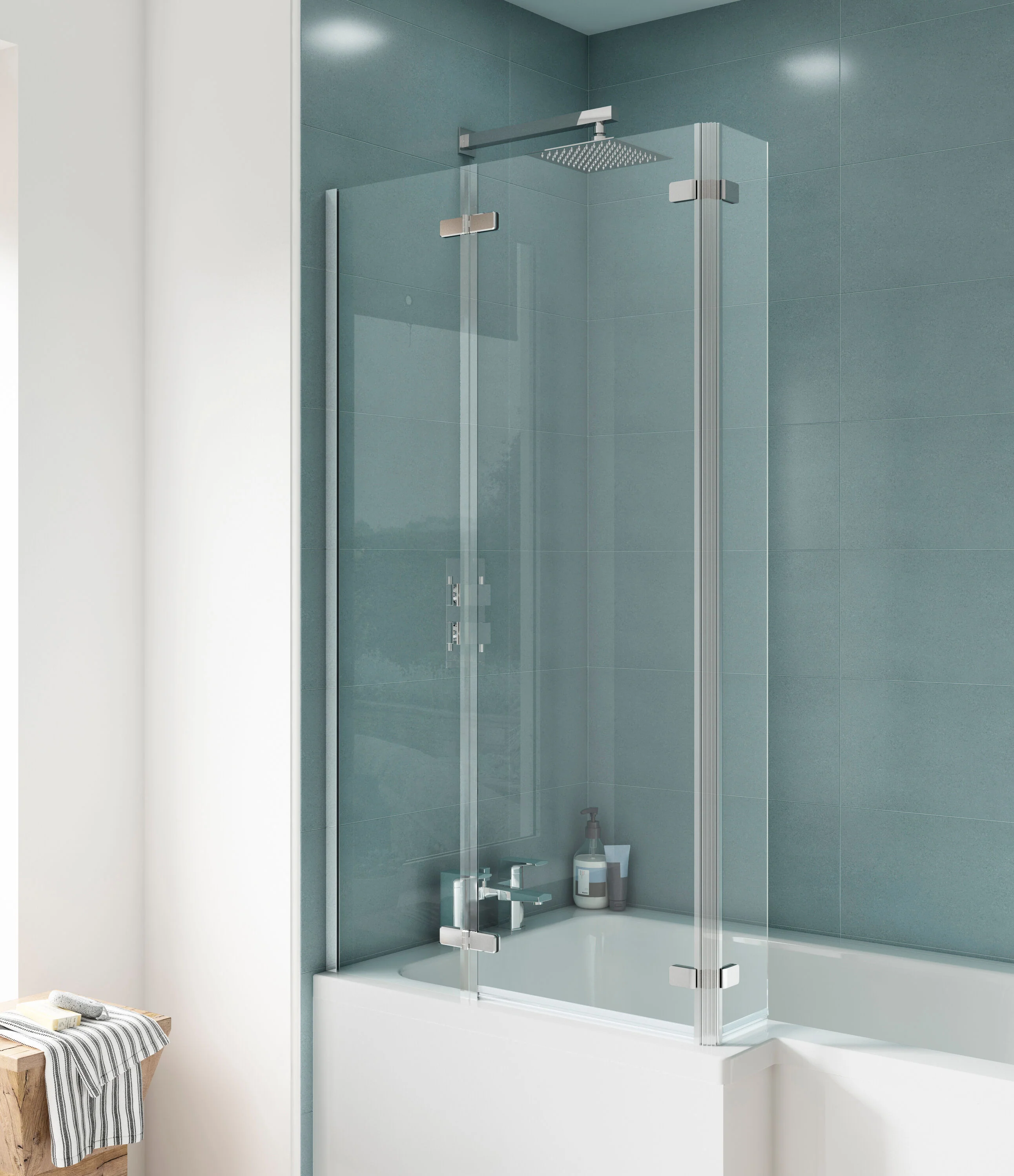 5mm Toughened Safety Glass Centre Hinged L Shaped Shower Bath Screen - Chrome - Image 2