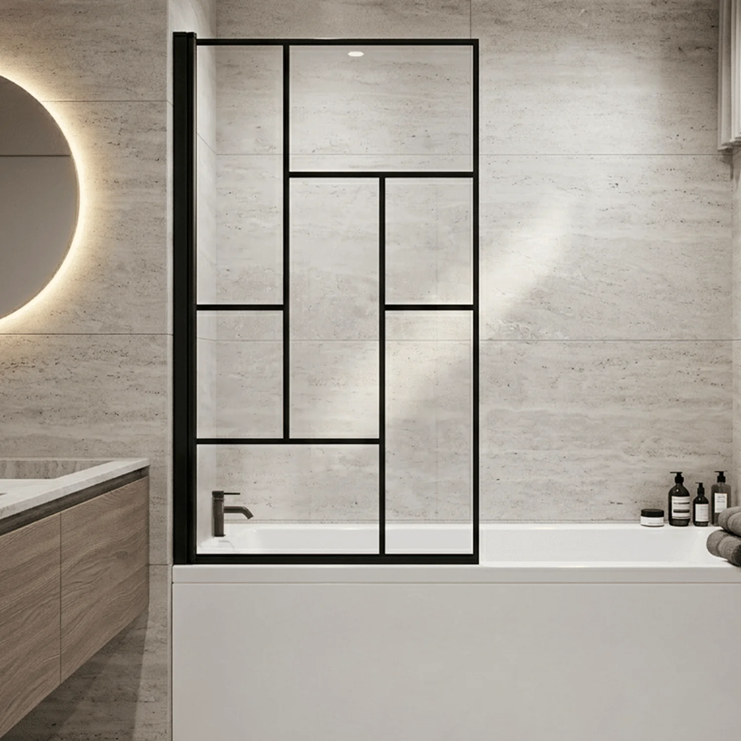 Balterley Abstract Modern Square 6mm Toughened Safety Glass Reversible Shower Bath Screen - Black