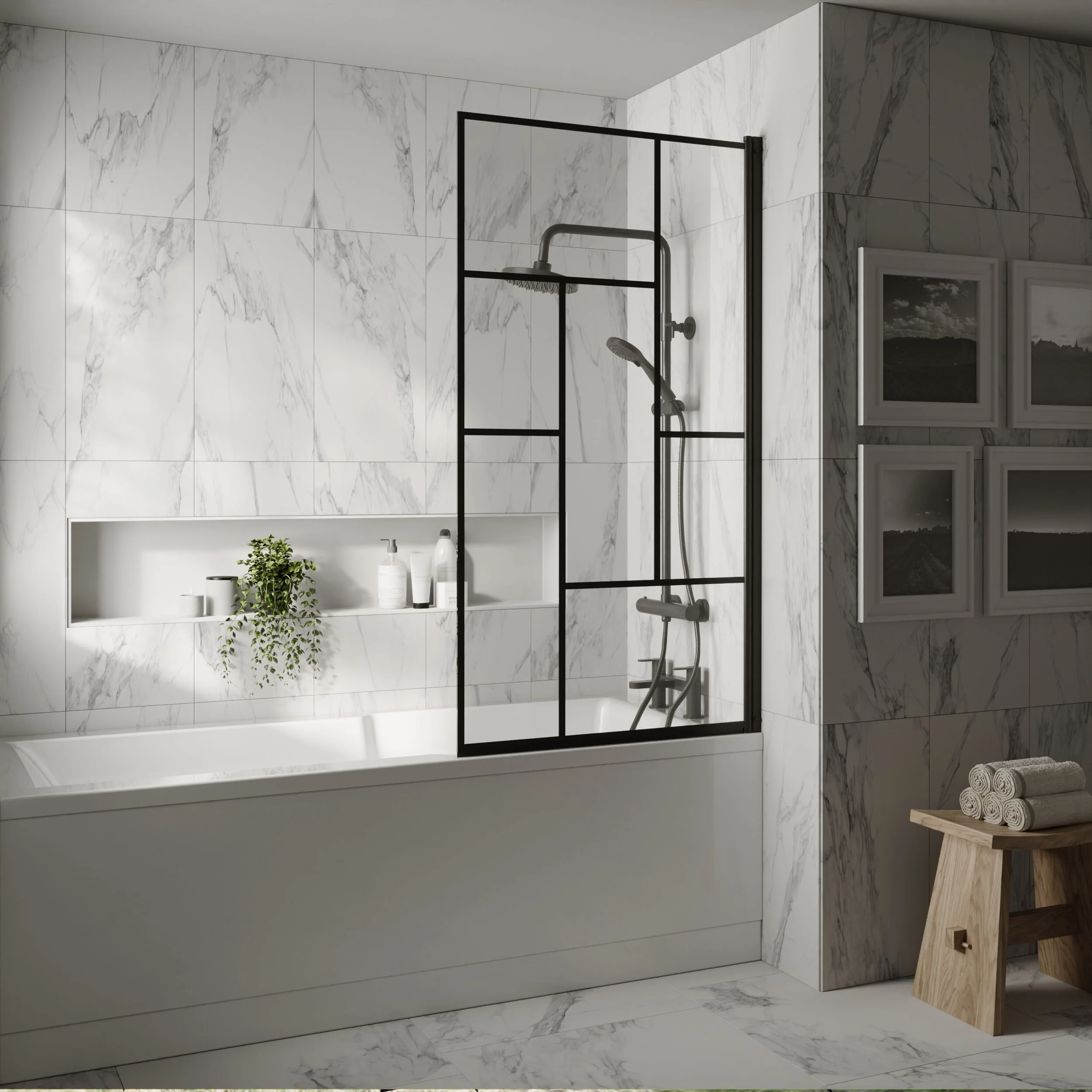Balterley Abstract Modern Square 6mm Toughened Safety Glass Reversible Shower Bath Screen - Black - Image 2