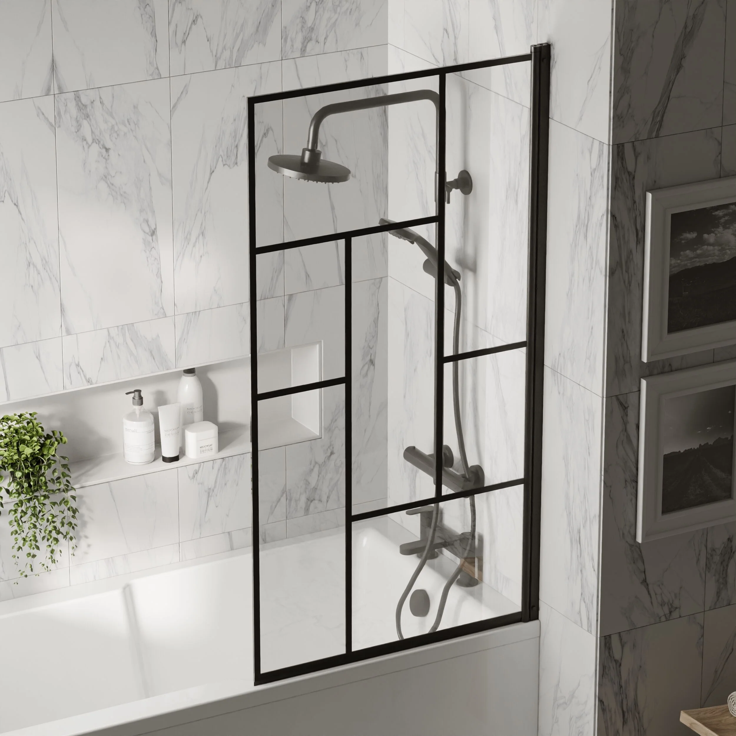 Balterley Abstract Modern Square 6mm Toughened Safety Glass Reversible Shower Bath Screen - Black - Image 3