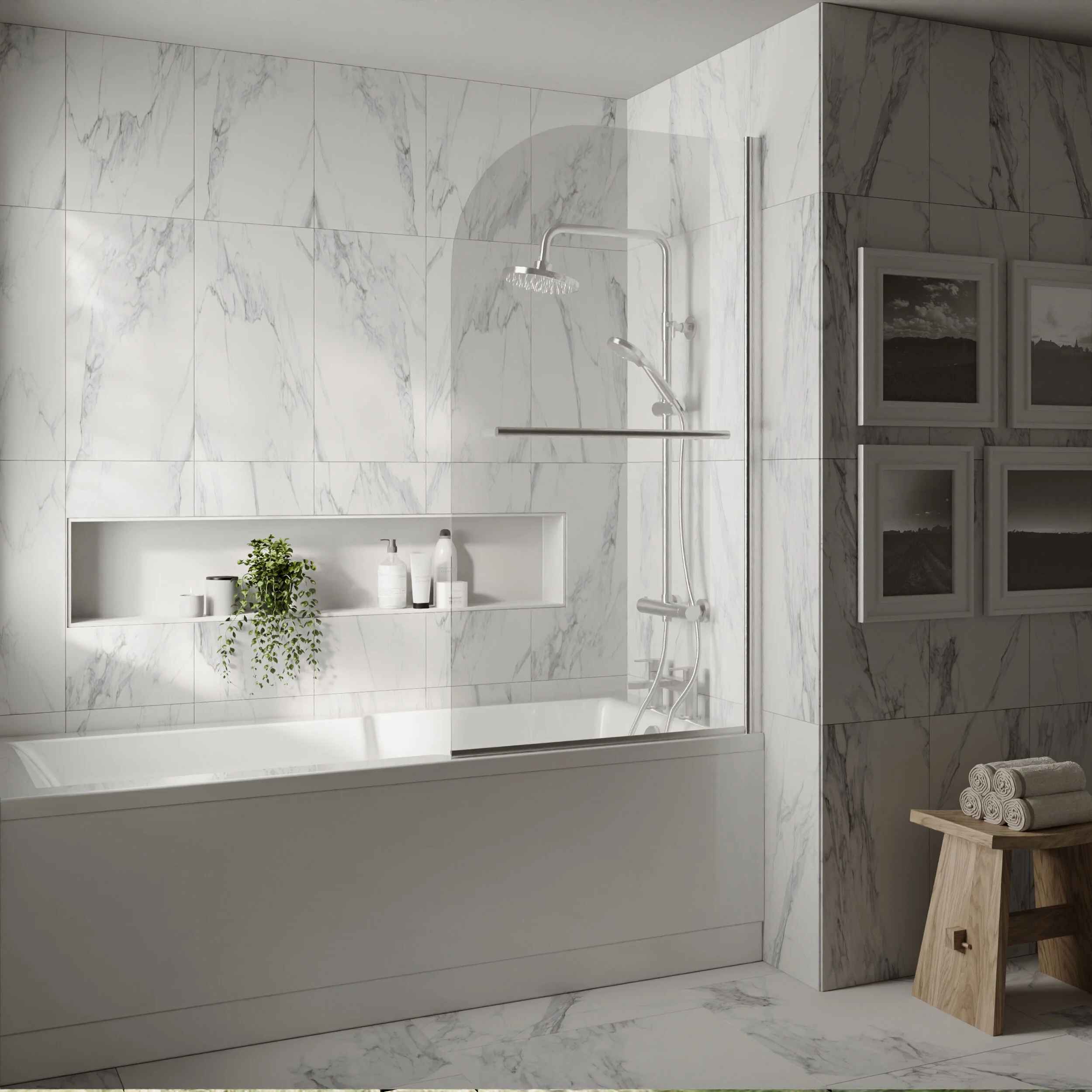 Balterley Modern 6mm Toughened Safety Glass Reversible Shower Bath Screen with Towel Rail, 1430 x 790mm - Chrome - Image 2