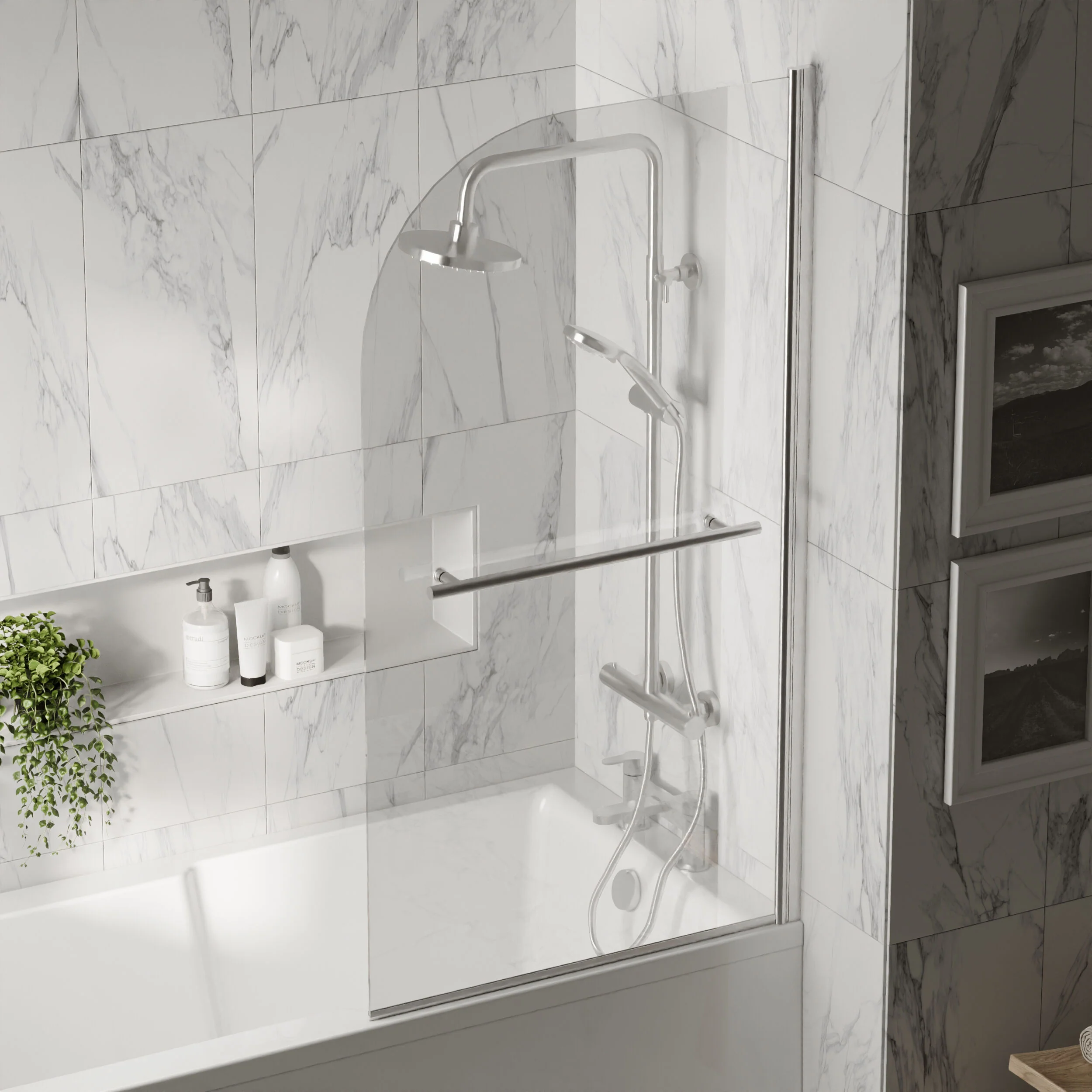 Balterley Modern 6mm Toughened Safety Glass Reversible Shower Bath Screen with Towel Rail, 1430 x 790mm - Chrome - Image 3