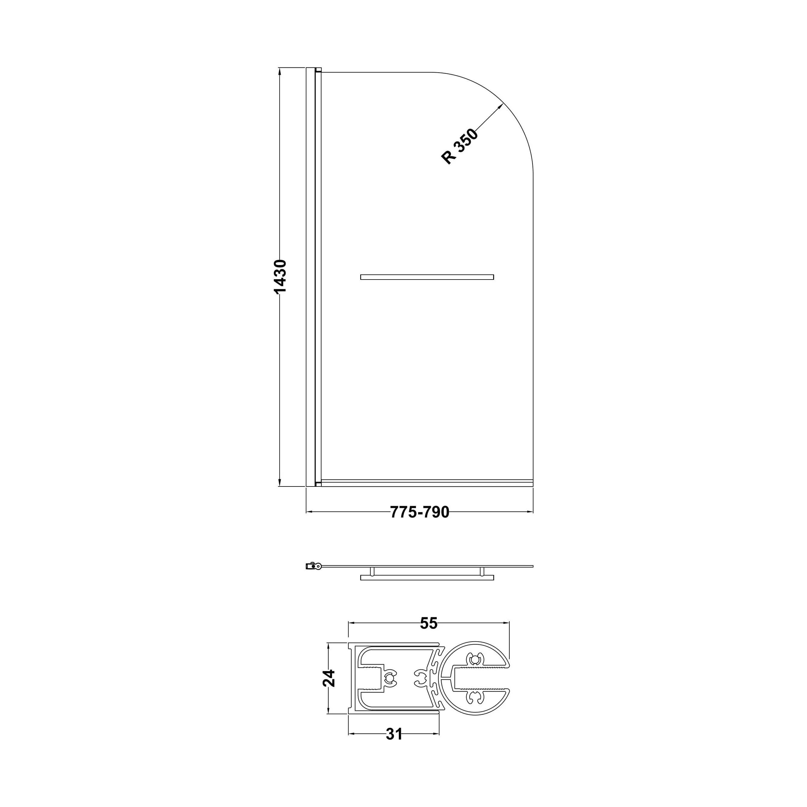 Balterley Modern 6mm Toughened Safety Glass Reversible Shower Bath Screen with Towel Rail, 1430 x 790mm - Chrome - Image 4