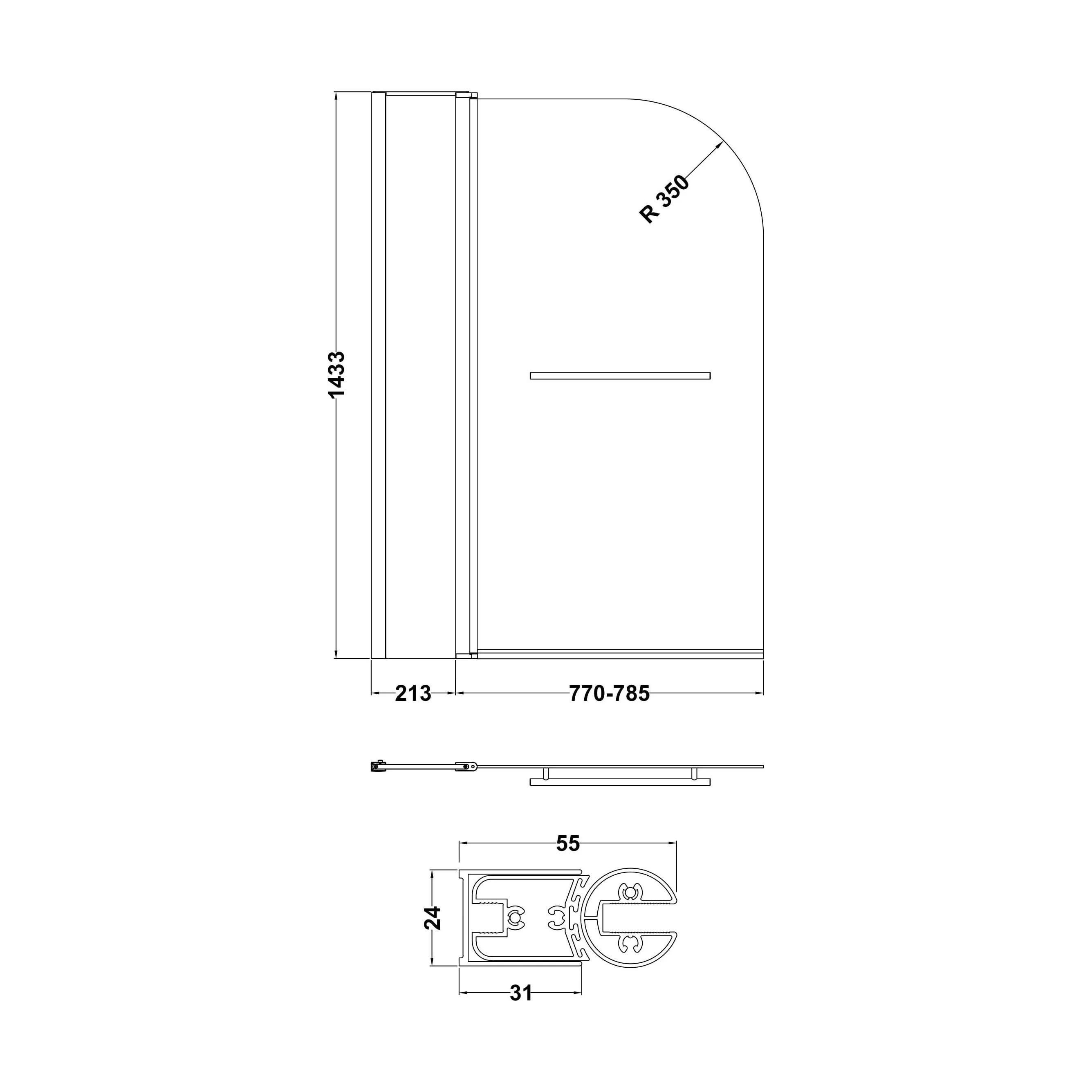 Balterley Modern 6mm Glass Reversible Shower Bath Screen Fixed Panel, 1433 x 998mm - Chrome - Image 3