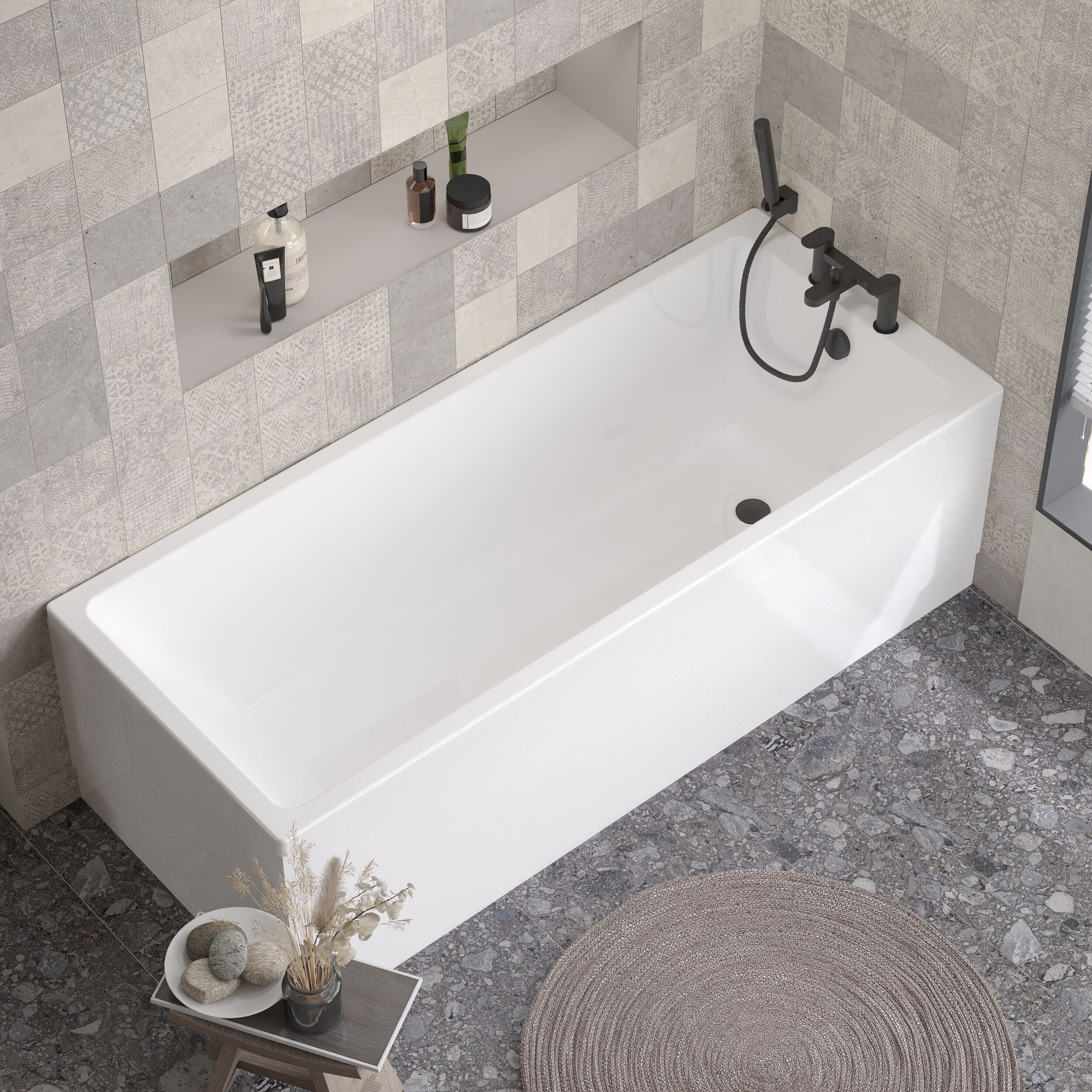 Balterley Modern Square Thin Edge Single Ended Straight Shower Bath with Leg Set, 1700mm x 700mm - White - Image 4