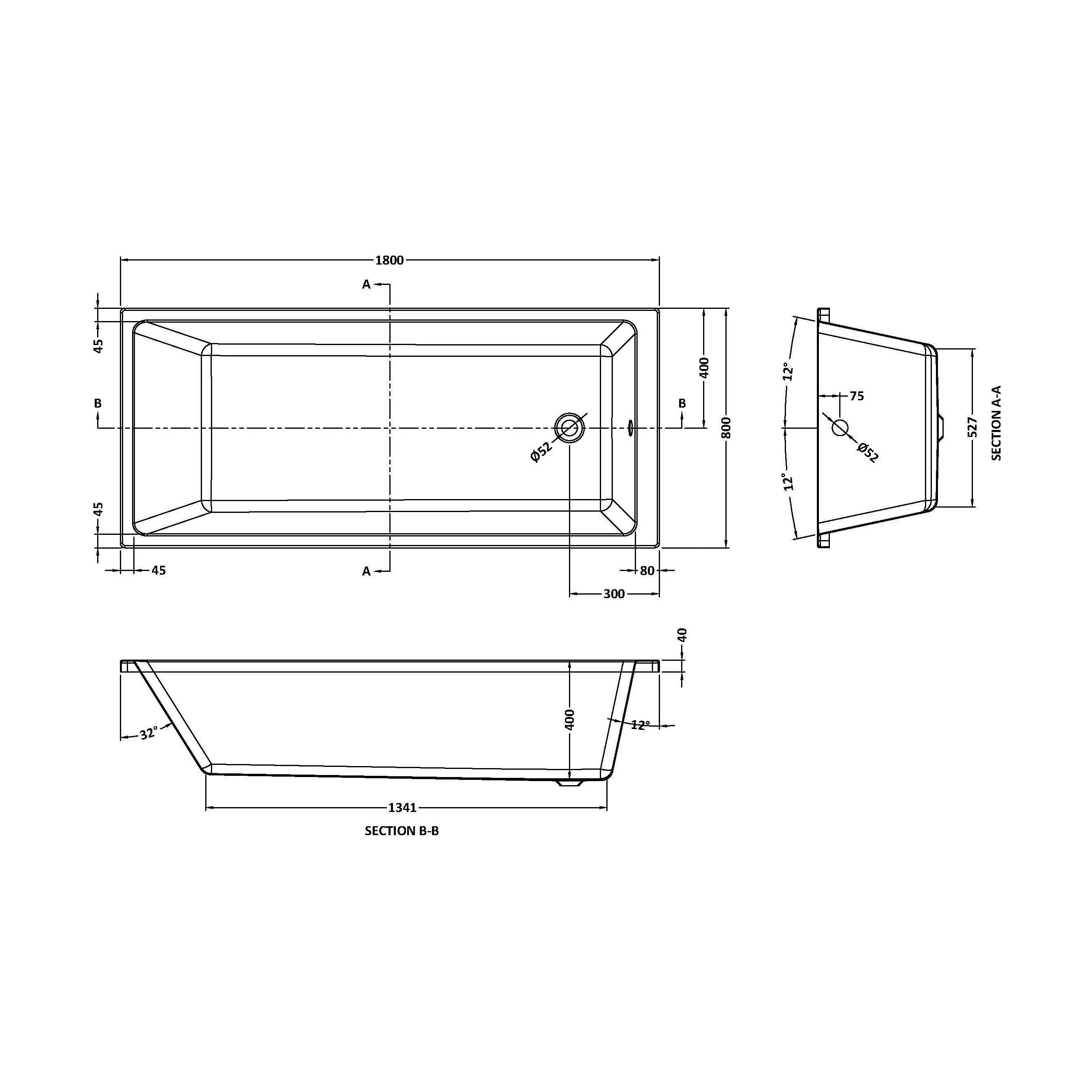 Balterley Modern Square Thin Edge Single Ended Straight Shower Bath with Leg Set, 1800mm x 800mm - White - Image 2