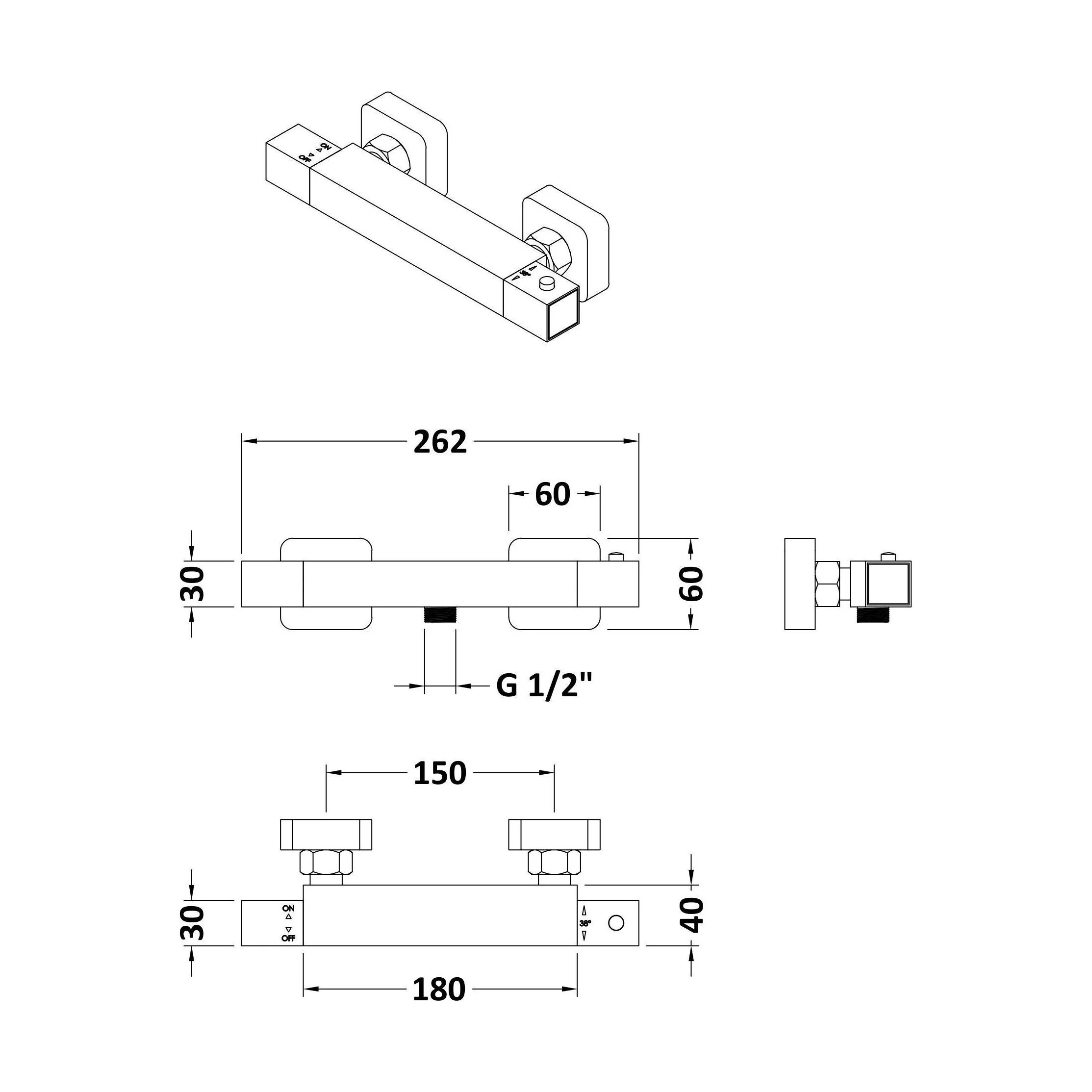 Square Wall Mount Shower Thermostatic Bar Valve Tap (Kit Not Included) - Chrome - Balterley - Image 2