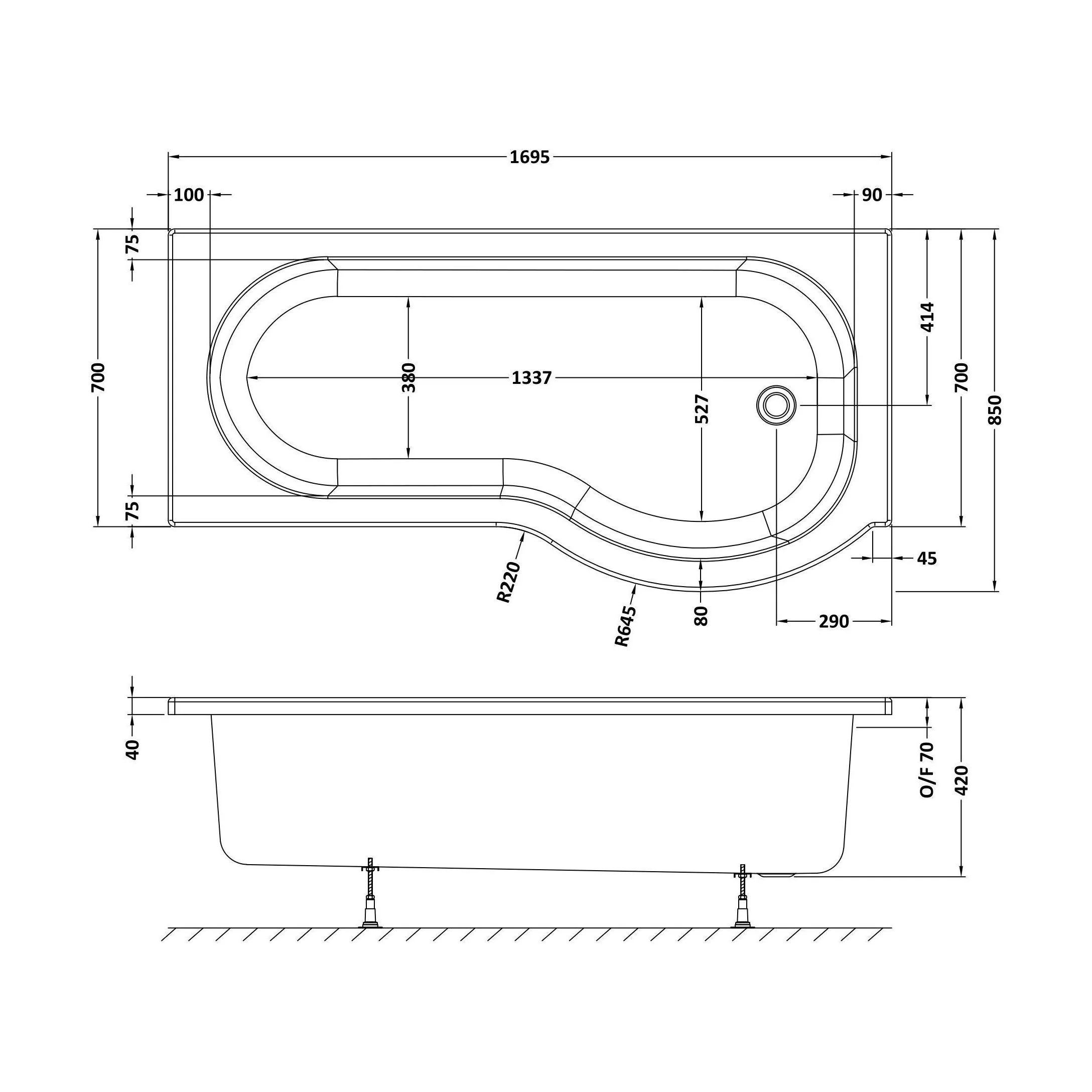 P Shape Whirlpool Shower Bath with 8 Chrome Jets and Leg Set, Right Hand, 1700mm - Image 2