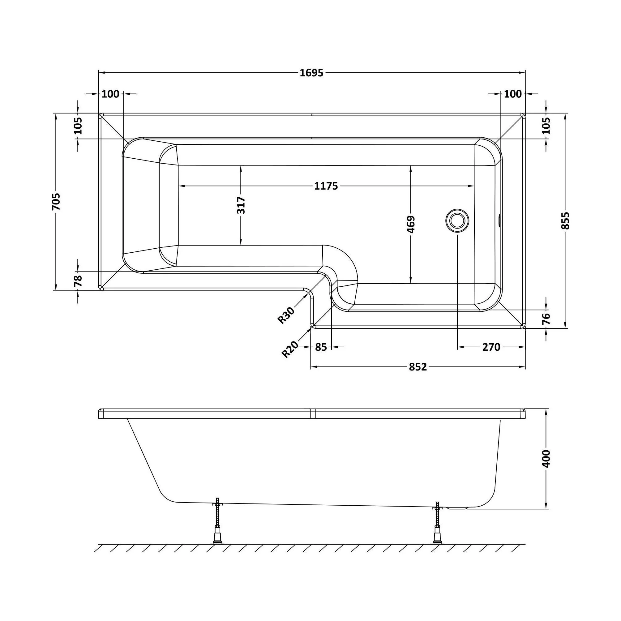 L-Shape Whirlpool Shower Bath with 8 Chrome Jets and Leg Set, Right Hand, 1700mm - Image 2