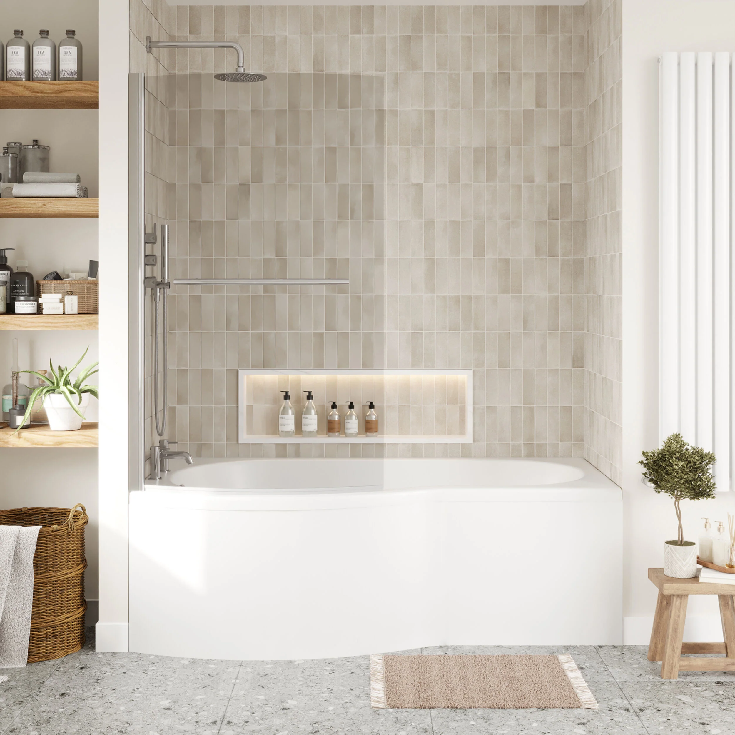 B Shape 1700x900 Left Hand Bath Set - Front Panel, Screen with Towel Rail - Chrome - Image 2